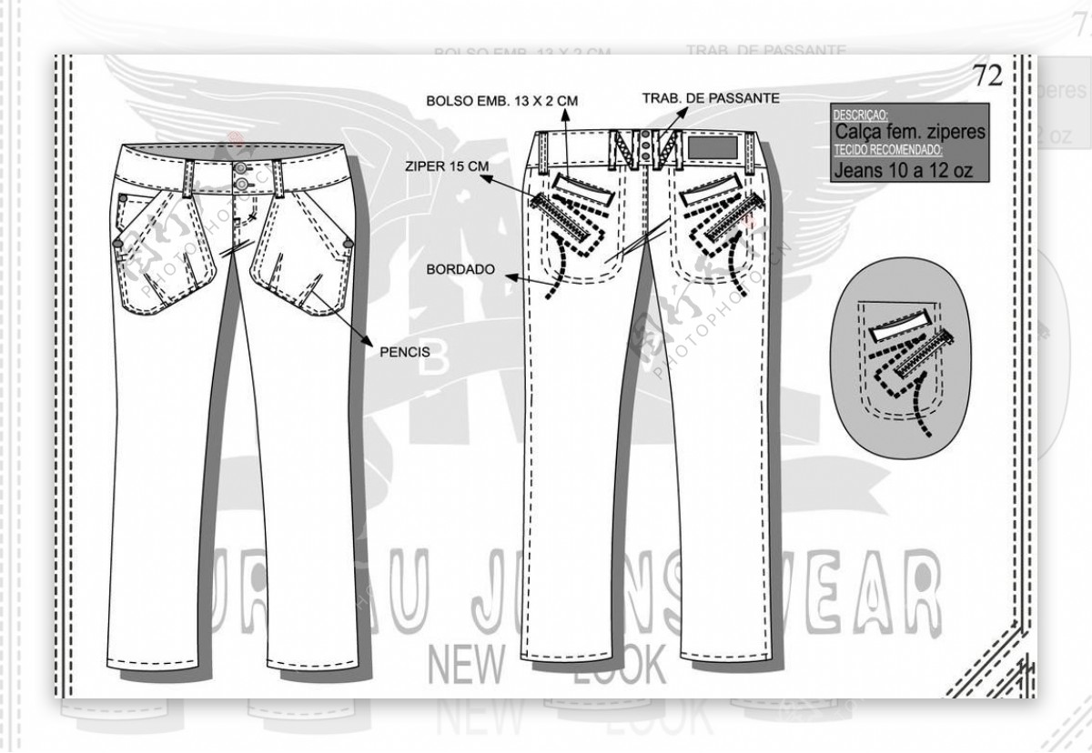 牛仔裤设计手稿立体收褶大插袋图片