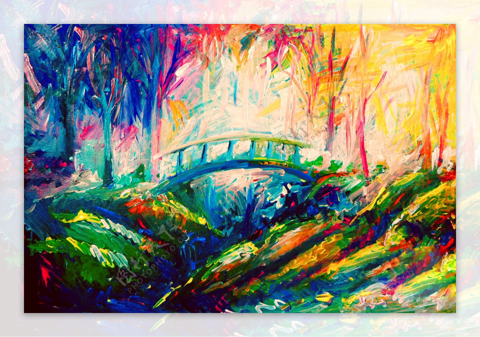 油画林间拱桥图片