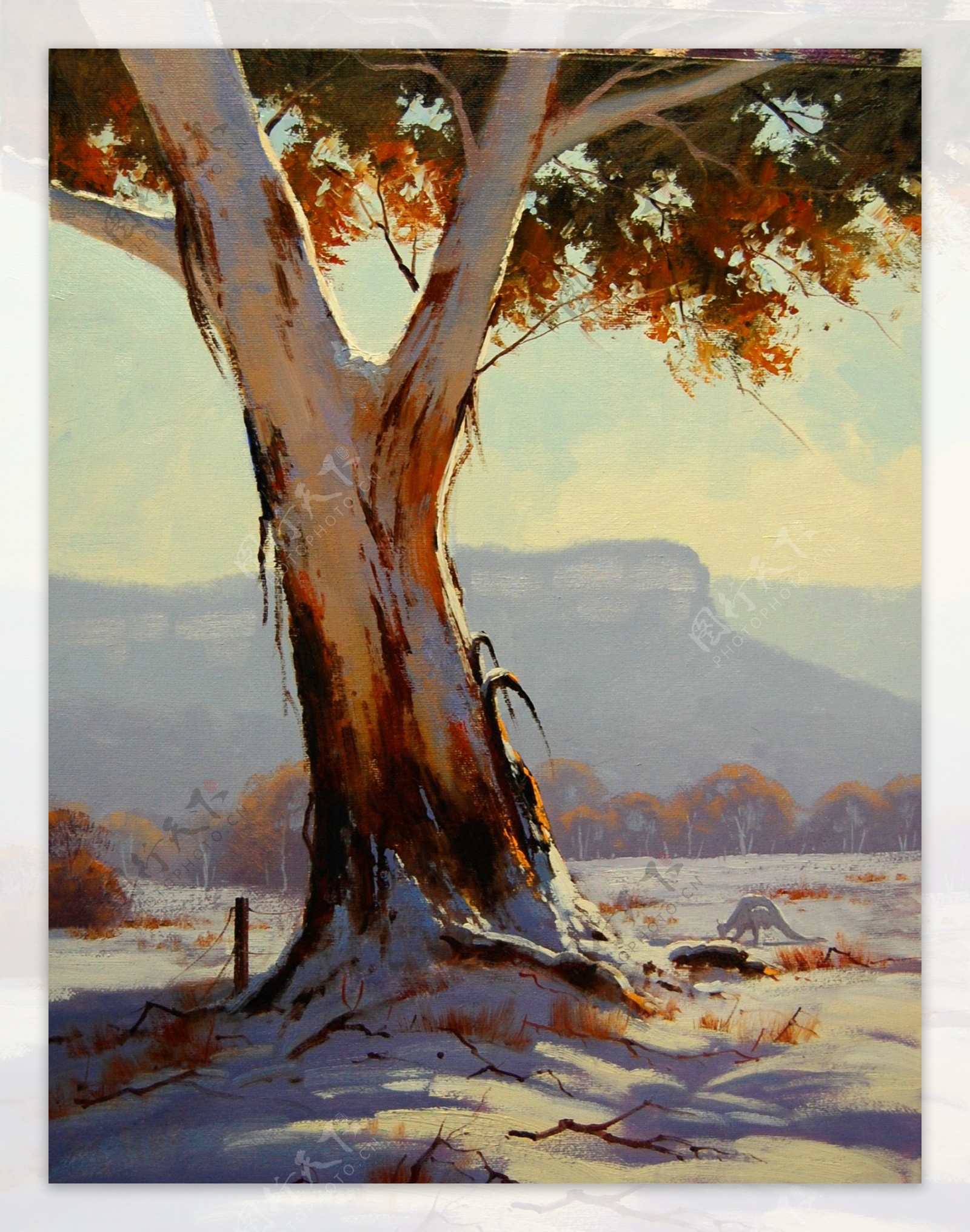 油画冬天的树图片