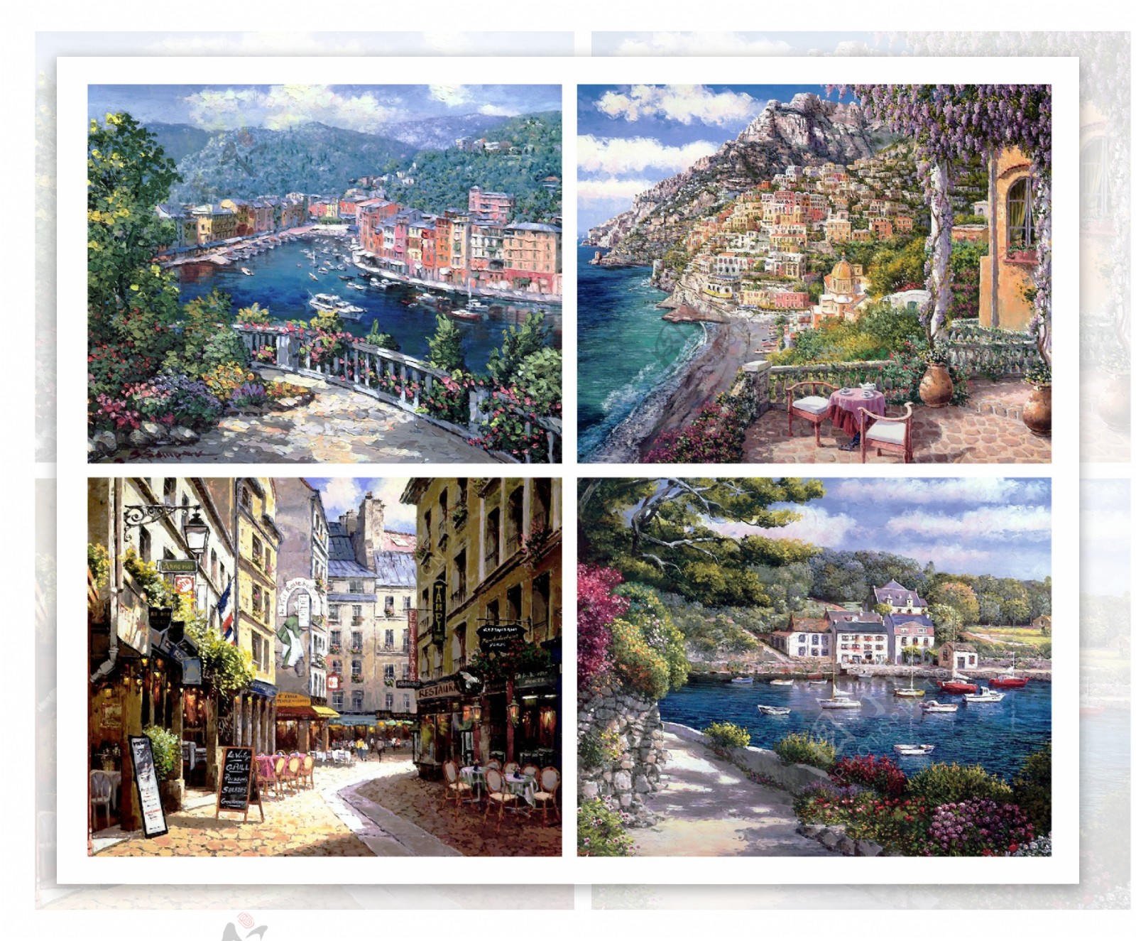 西欧海边城市高清四宫格风景油画
