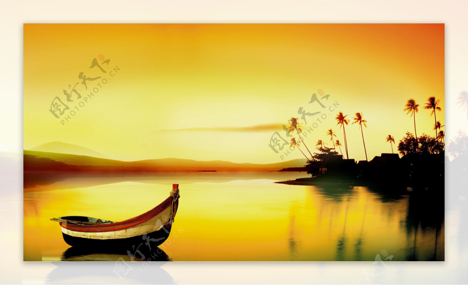 夕阳小船水面油画风景