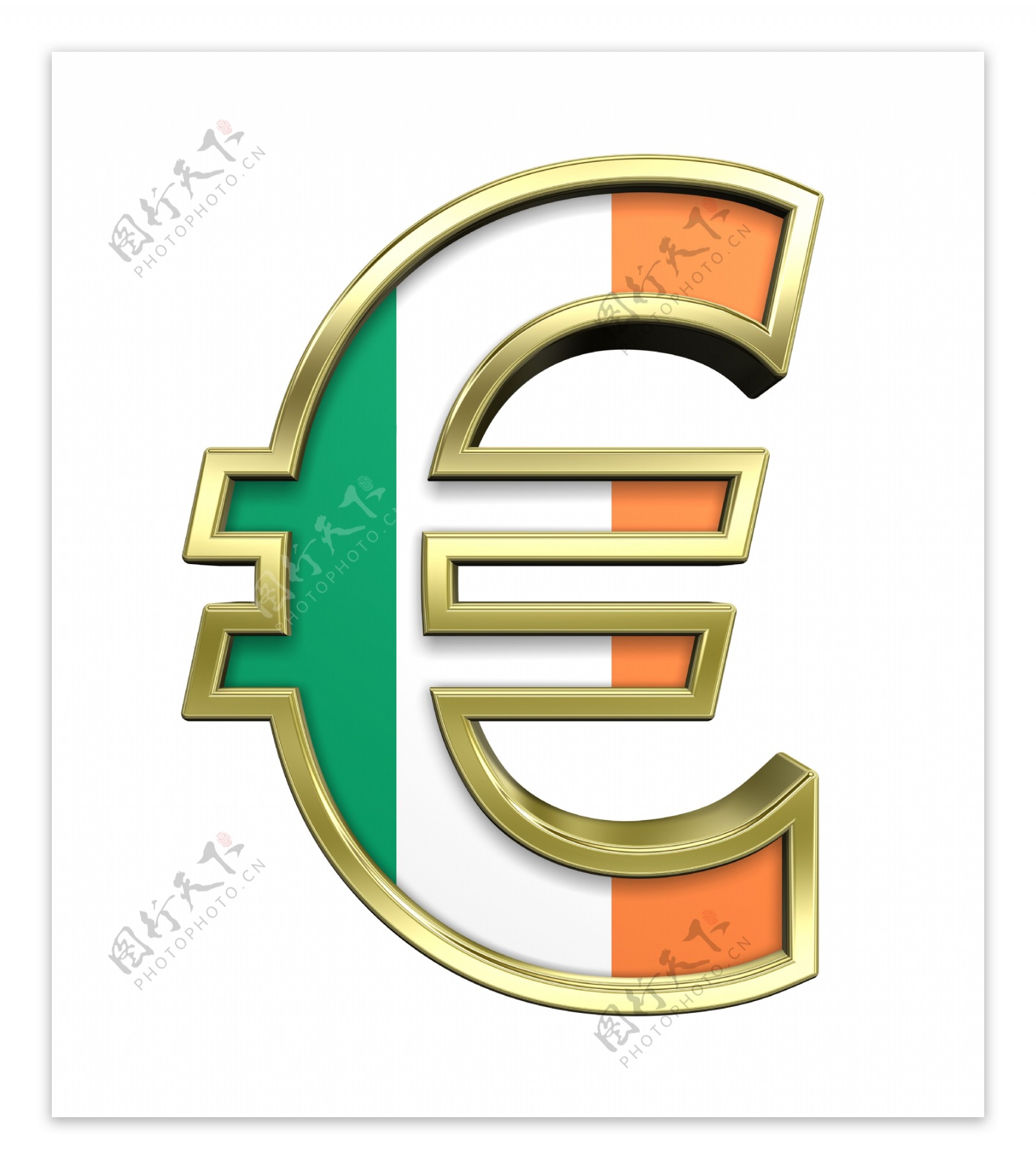 黄金的欧元符号与爱尔兰国旗白色隔离