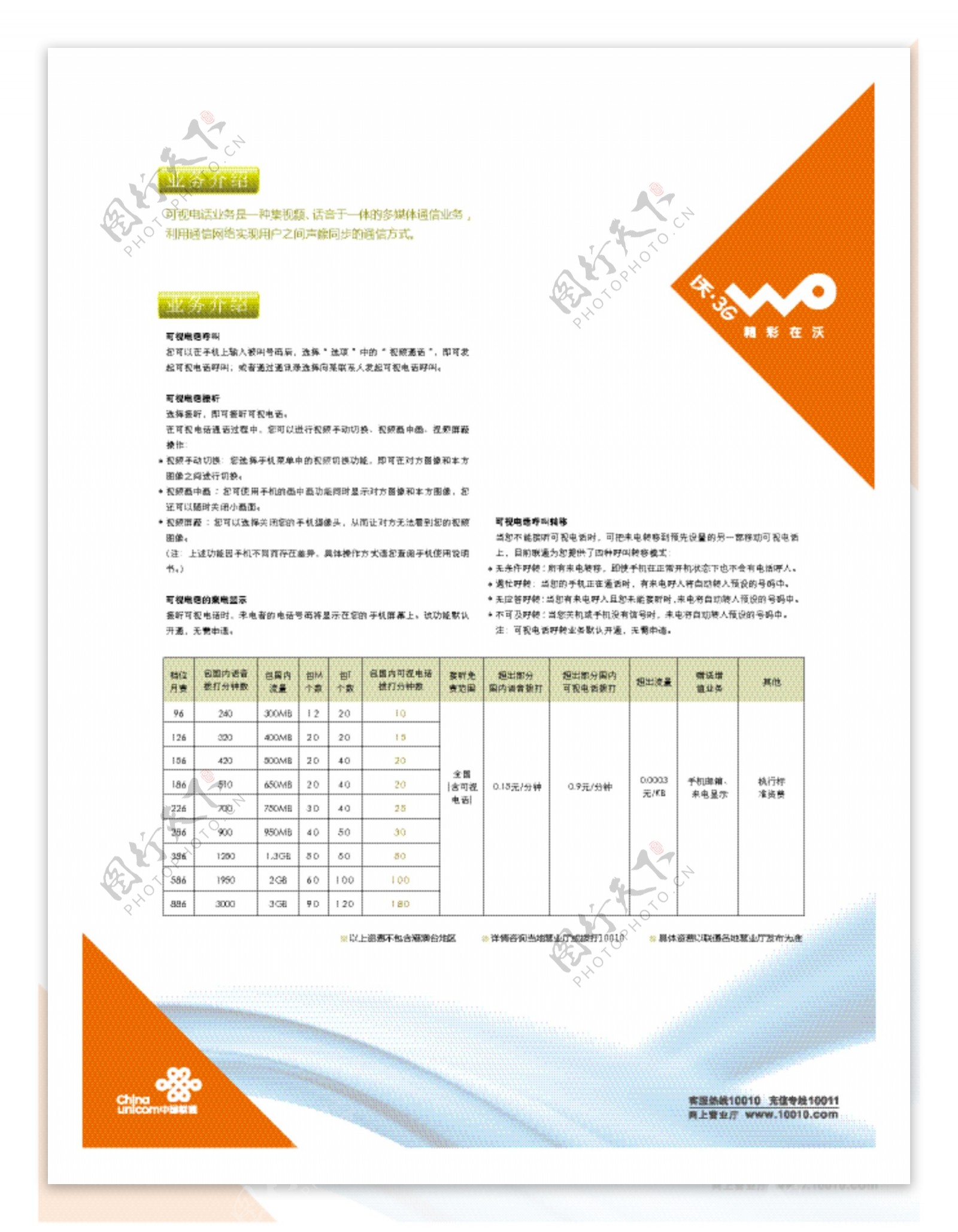 联通3g可视电话单页北面图片