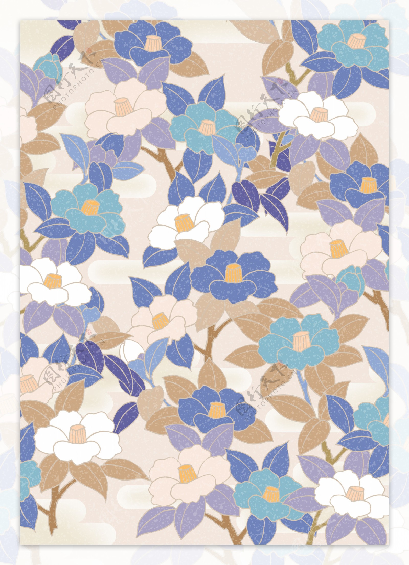 蓝色棕叶花底纹花纹素材