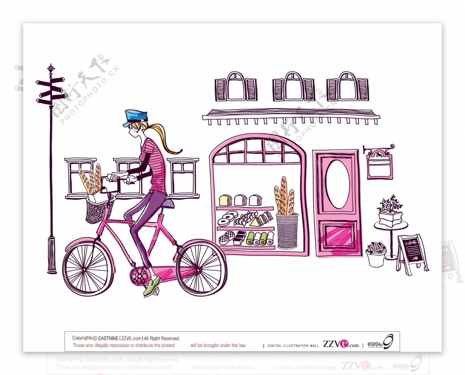 韩国手绘时尚女性生活卡通踩单车