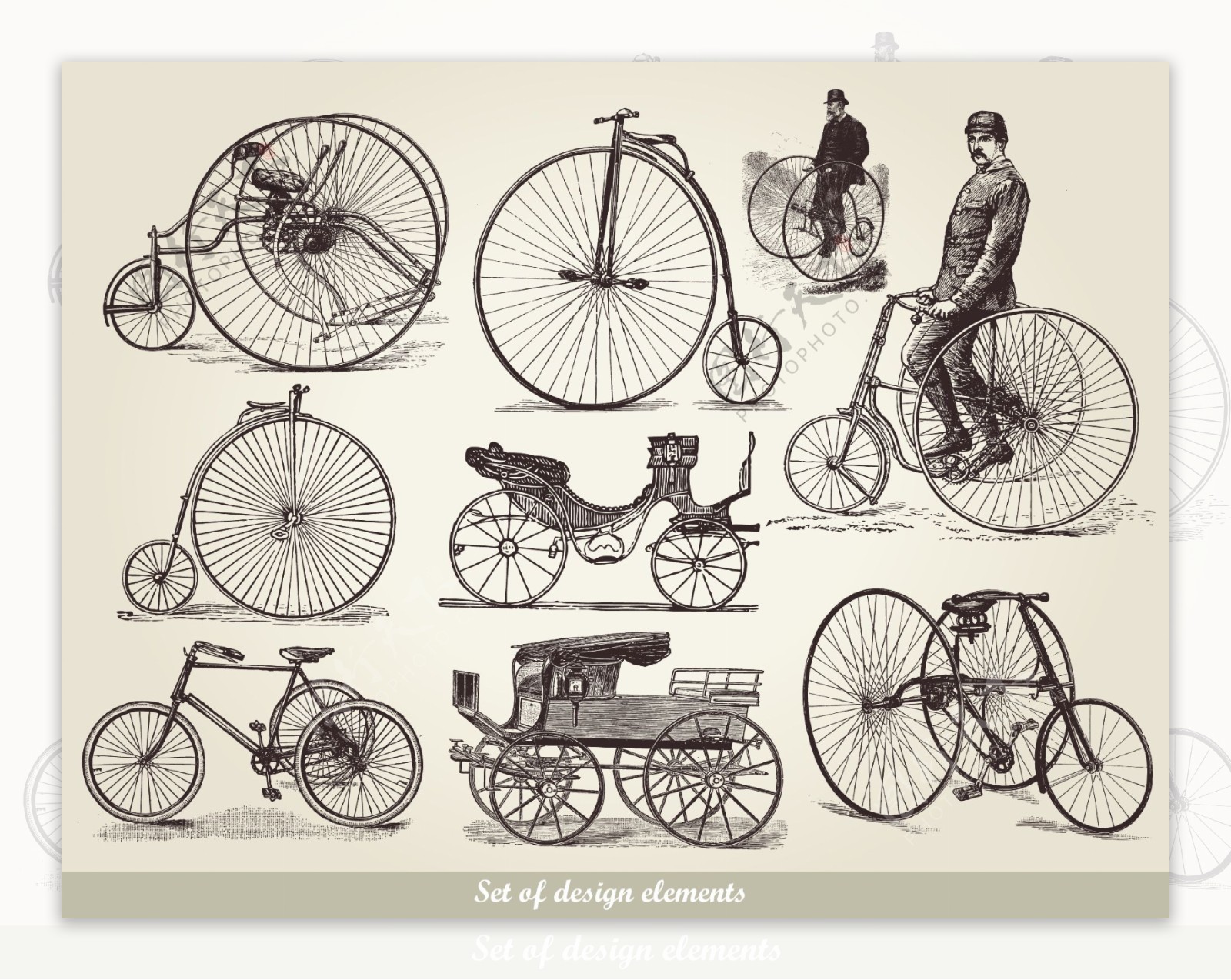 马车和早期自行车矢量素材