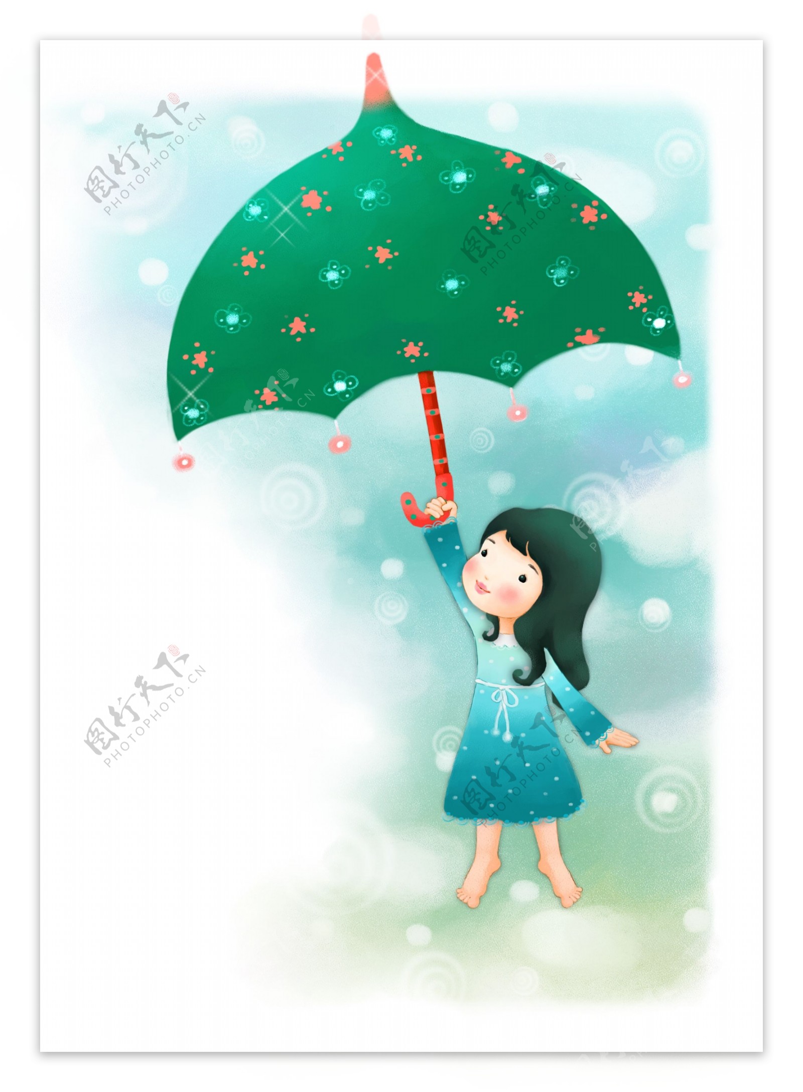 下雨雨天男孩撑伞猫花园小清新插画图片-千库网
