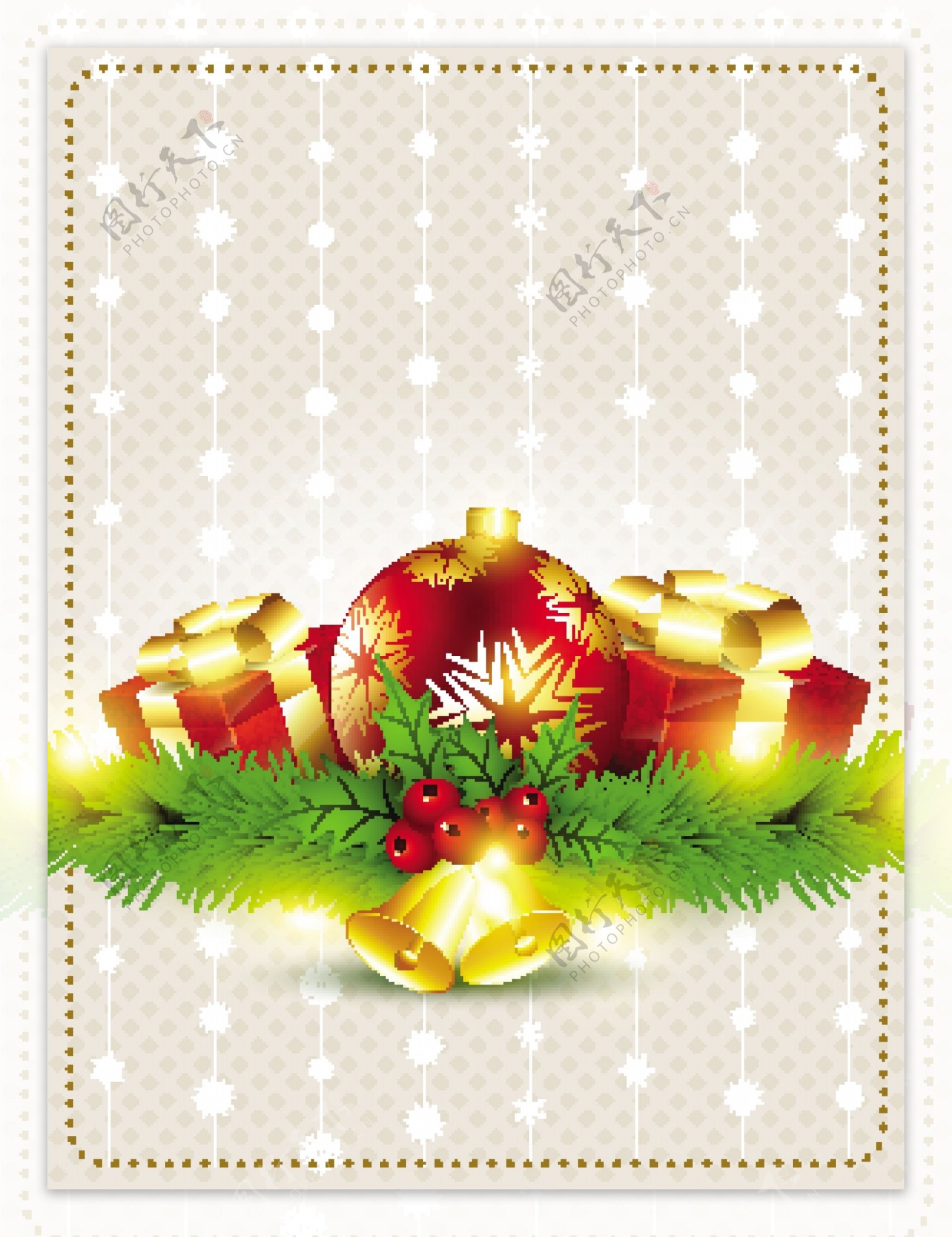 松树枝圣诞礼物金色铃铛矢量图图片