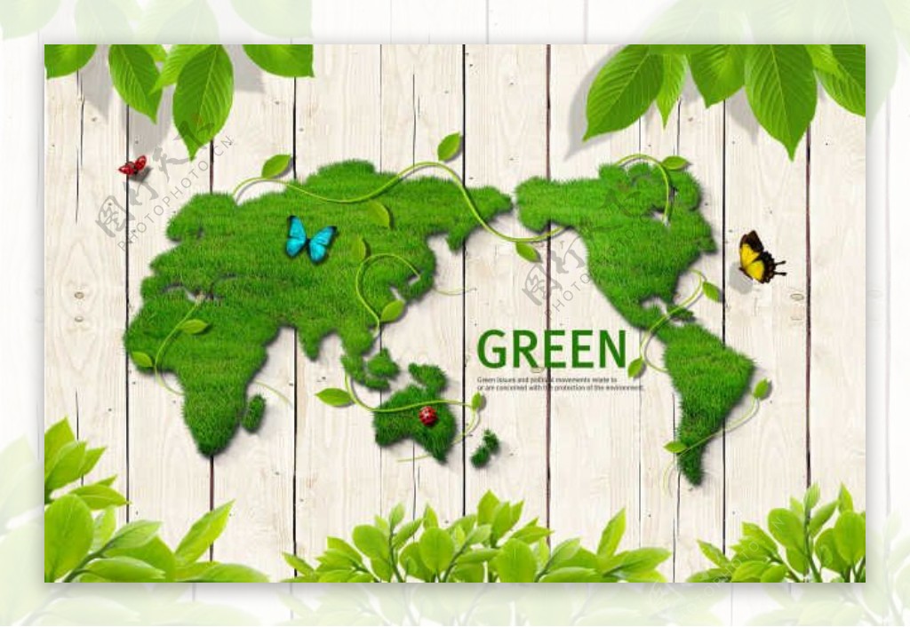 木板上的绿色世界地图