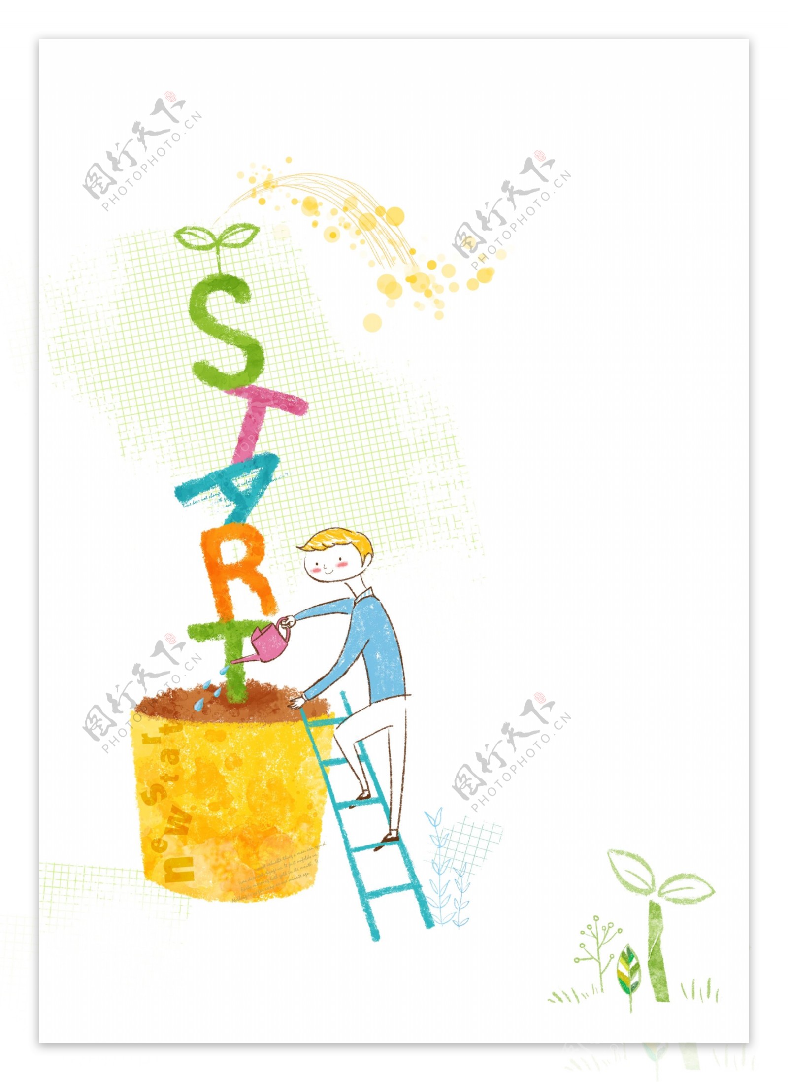 花盆内的英文字母和浇水的男孩