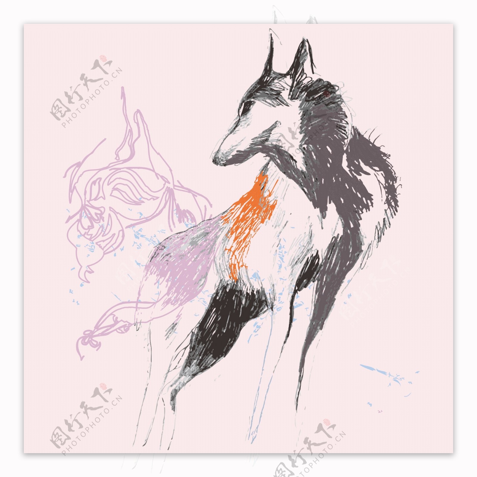 印花矢量图动物狼手绘色彩免费素材