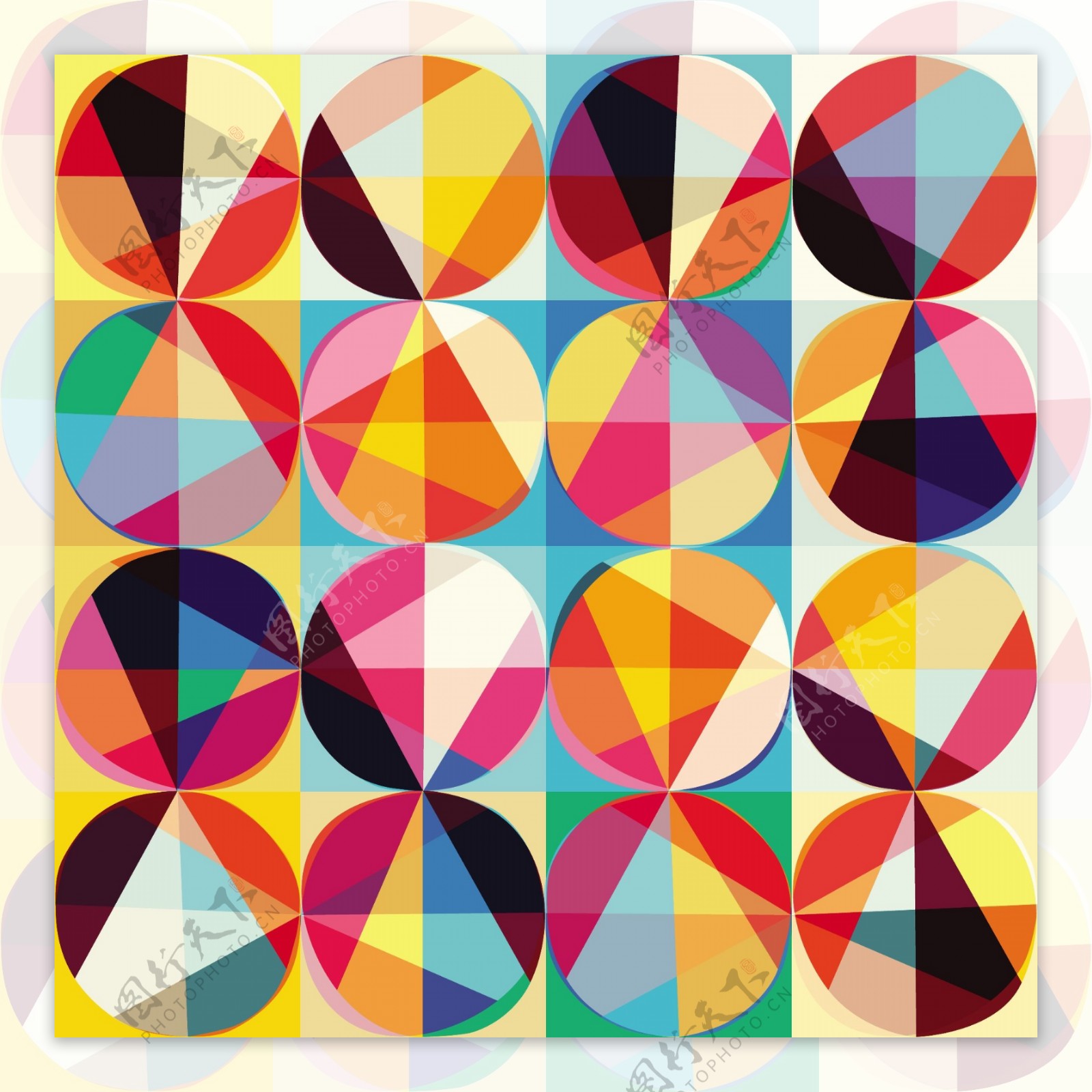 圆形和三角形的彩色圆圈无缝碎花图案的抽象图案鲜艳的几何无缝模板圆形复古手绘圆矢量几何图案装饰