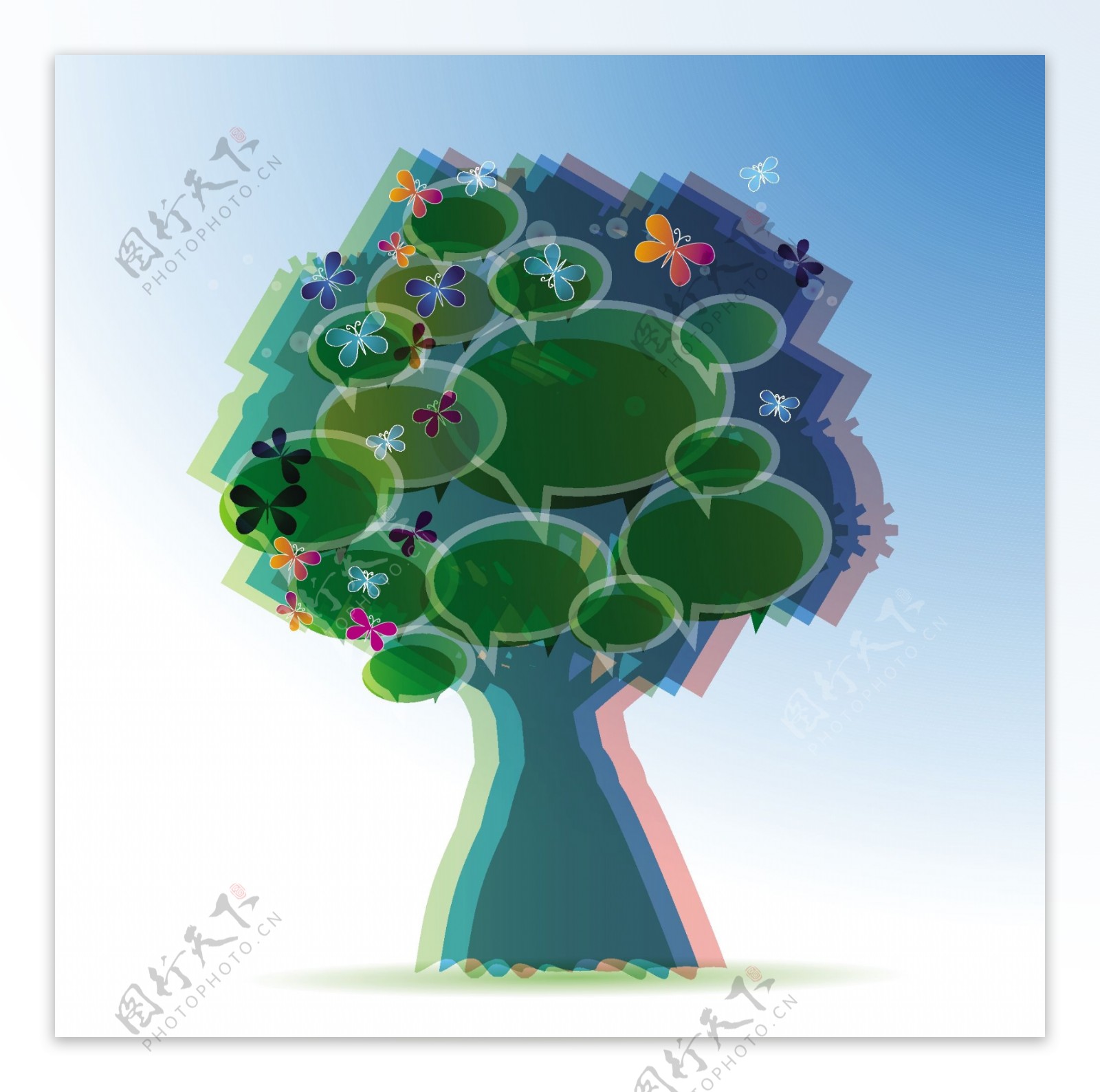 彩色语言框抽象大树矢量素材