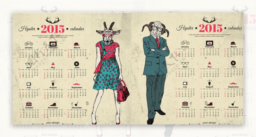 2015时尚复古羊年日历图片