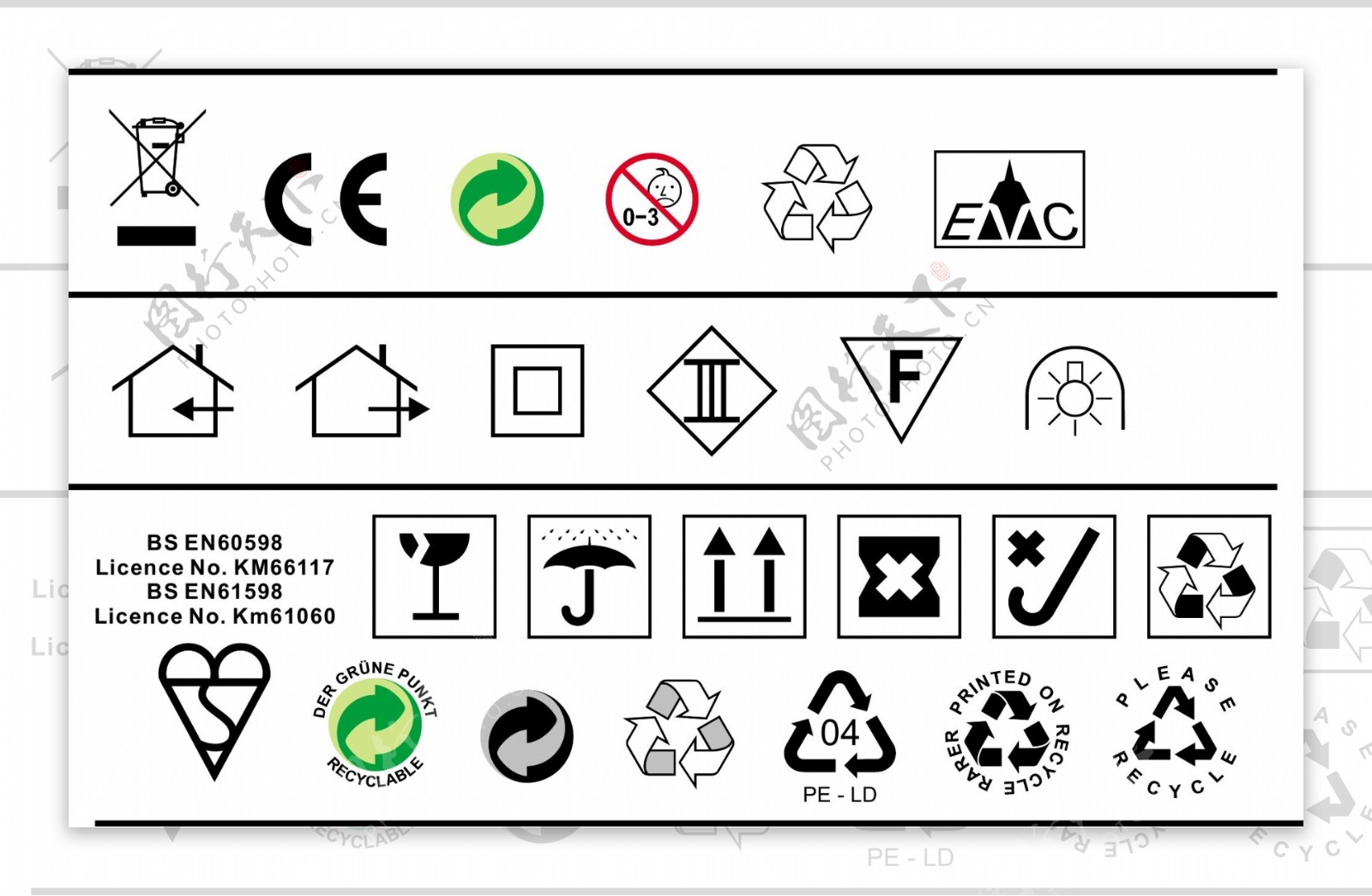 常用的的垃圾桶CE环保标等图标