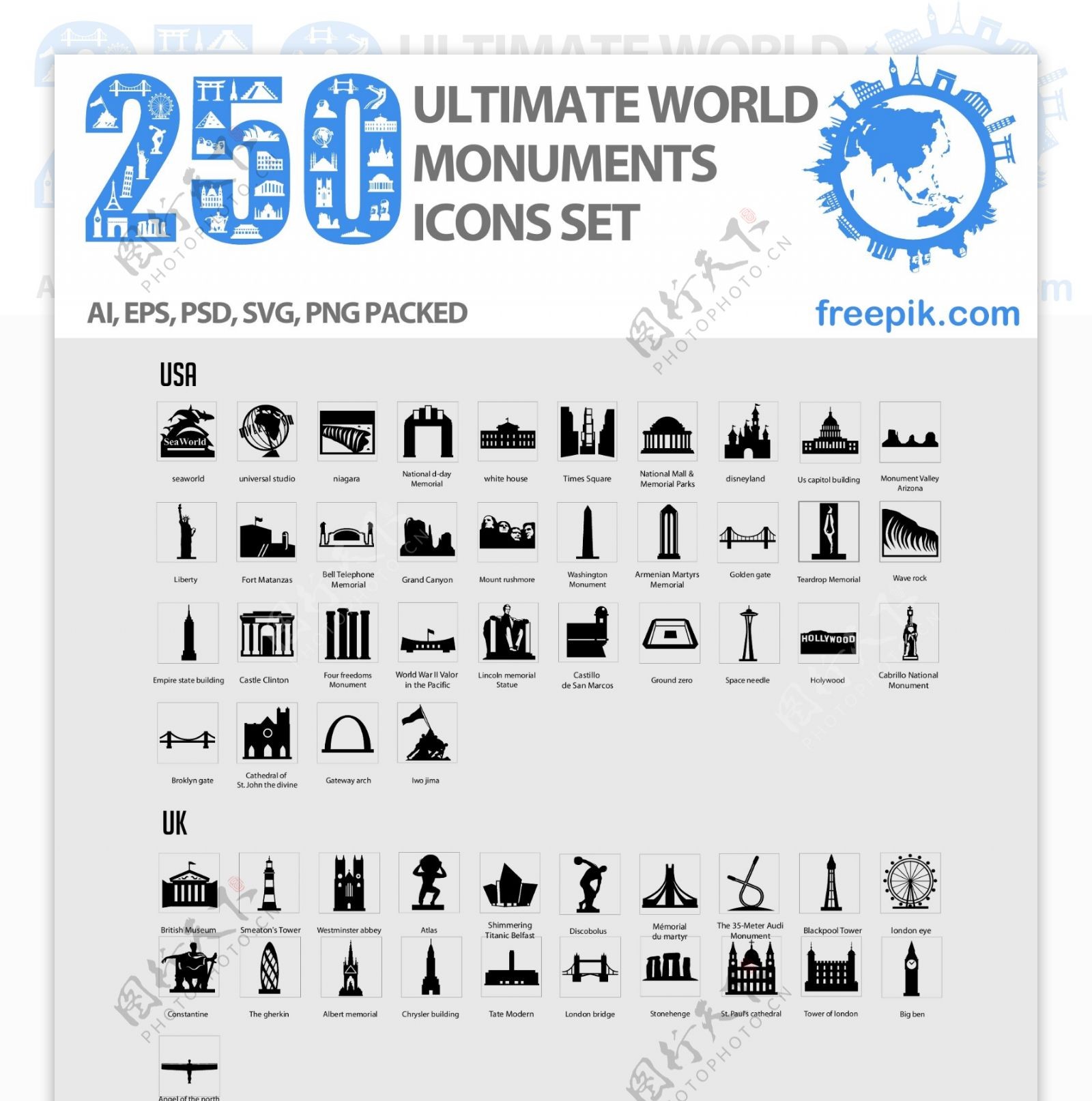 250个世界地标图标