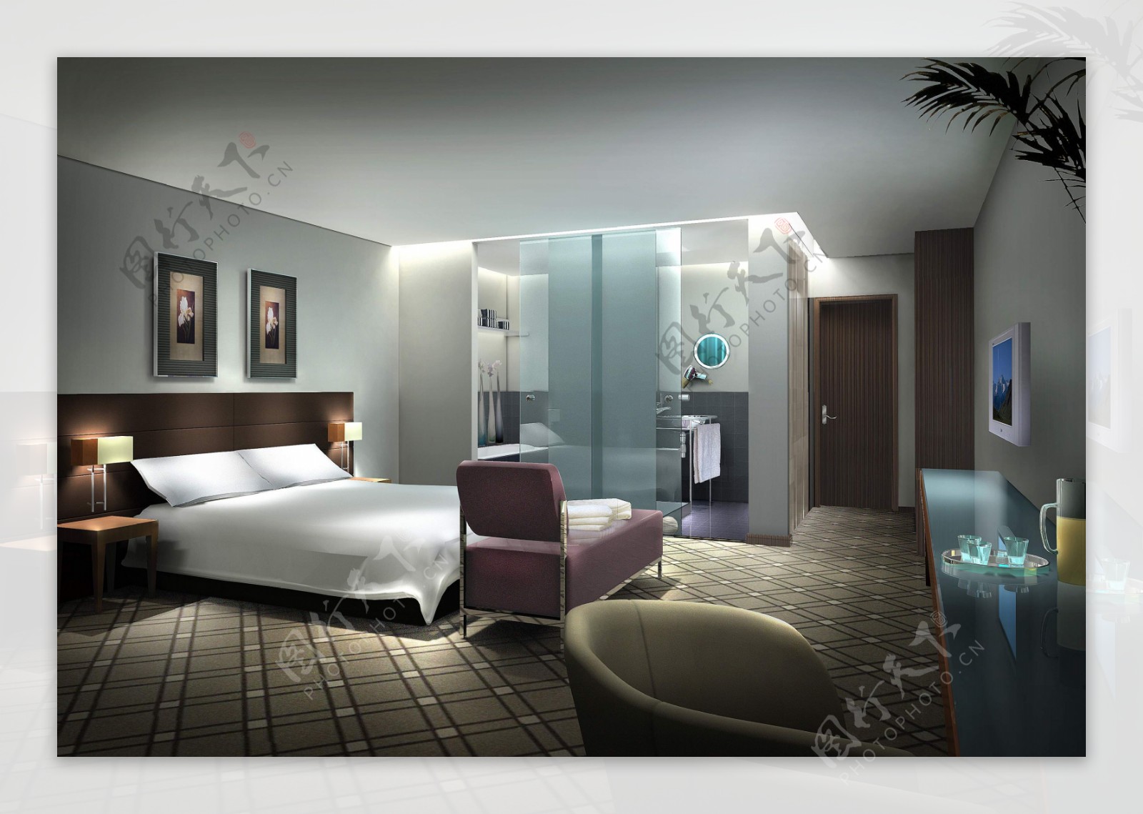 酒店卧室与卫生间效果图片