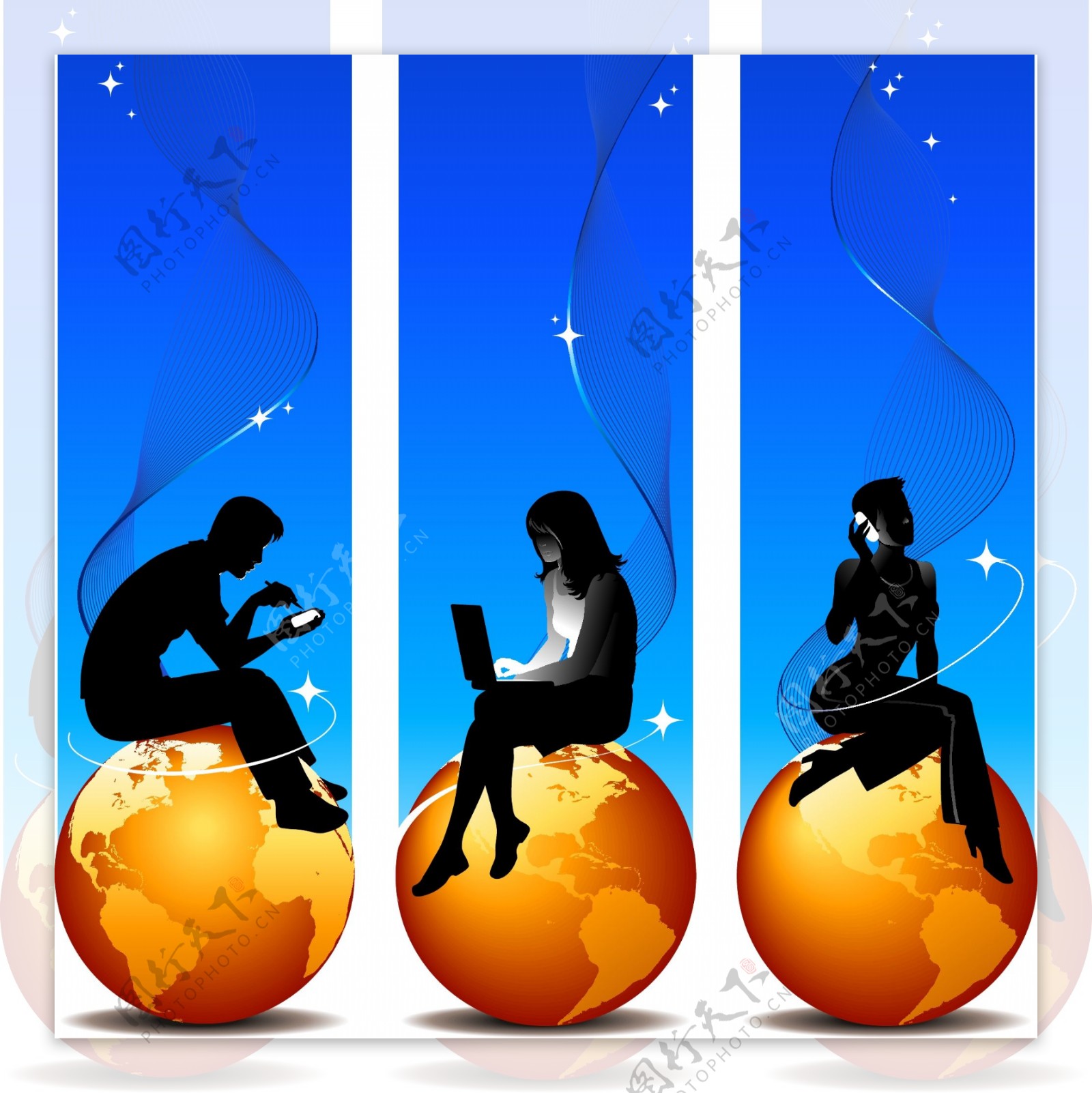 职业男性和女性坐在地球上的剪影矢量素材金