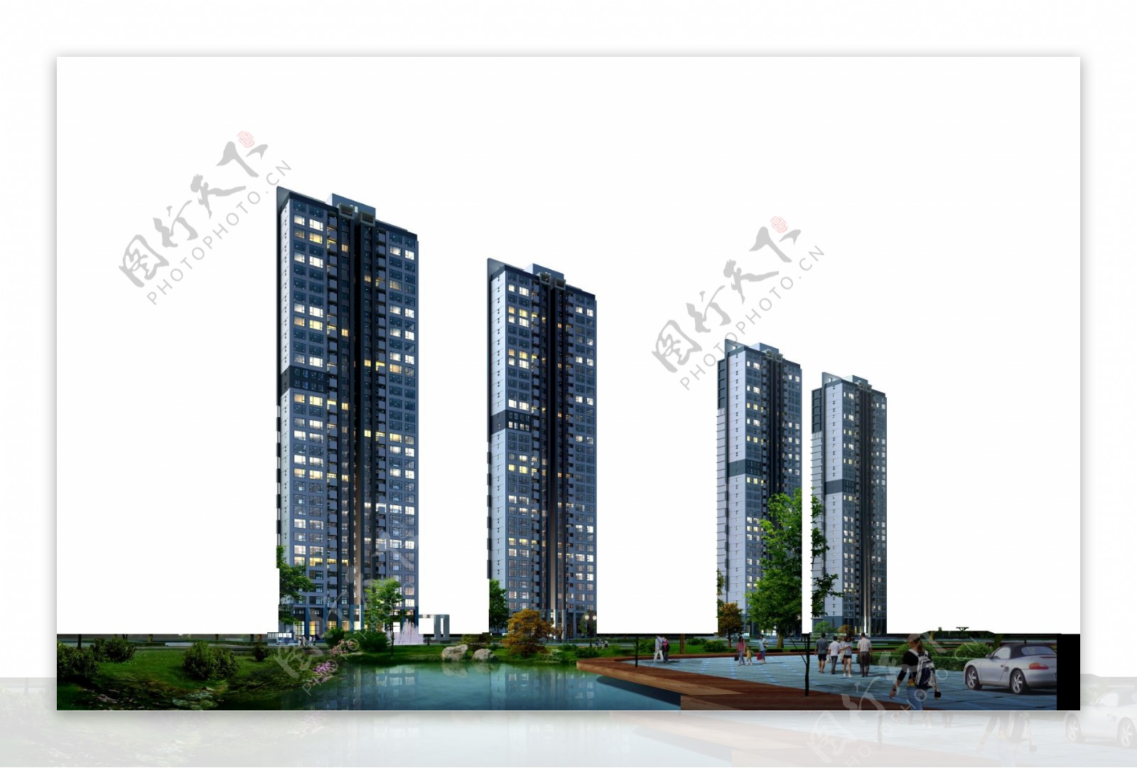 连排高层住宅楼建筑效果及滨水景观带绿化设计效果图PSD源文件