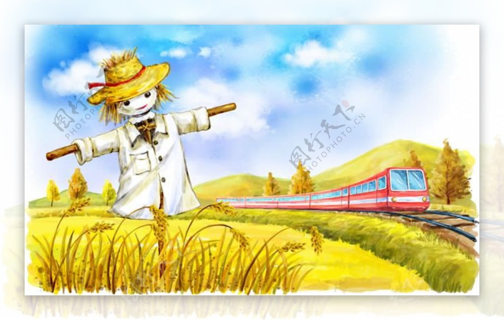 手绘麦田里的稻草人与列车插画
