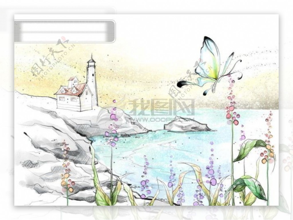 HanMaker韩国设计素材库背景淡彩色调意境绘画风格房屋湖畔花丛蝴蝶