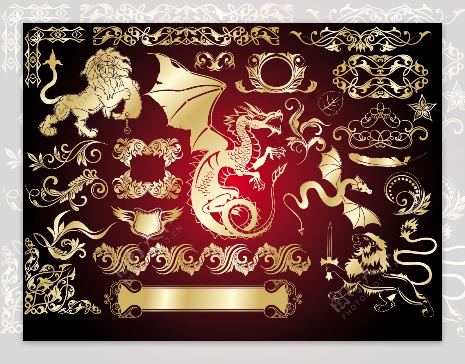 金色的欧洲设计元素矢量素材3狮子的花边图案