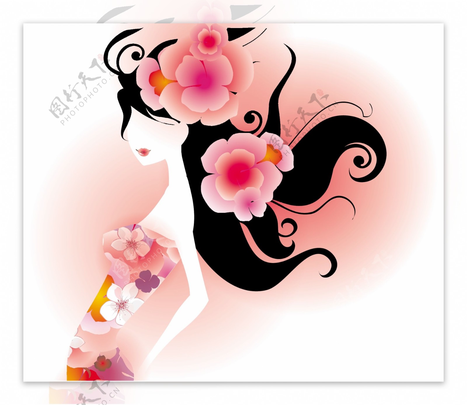粉红花朵装扮女性画稿矢量素材