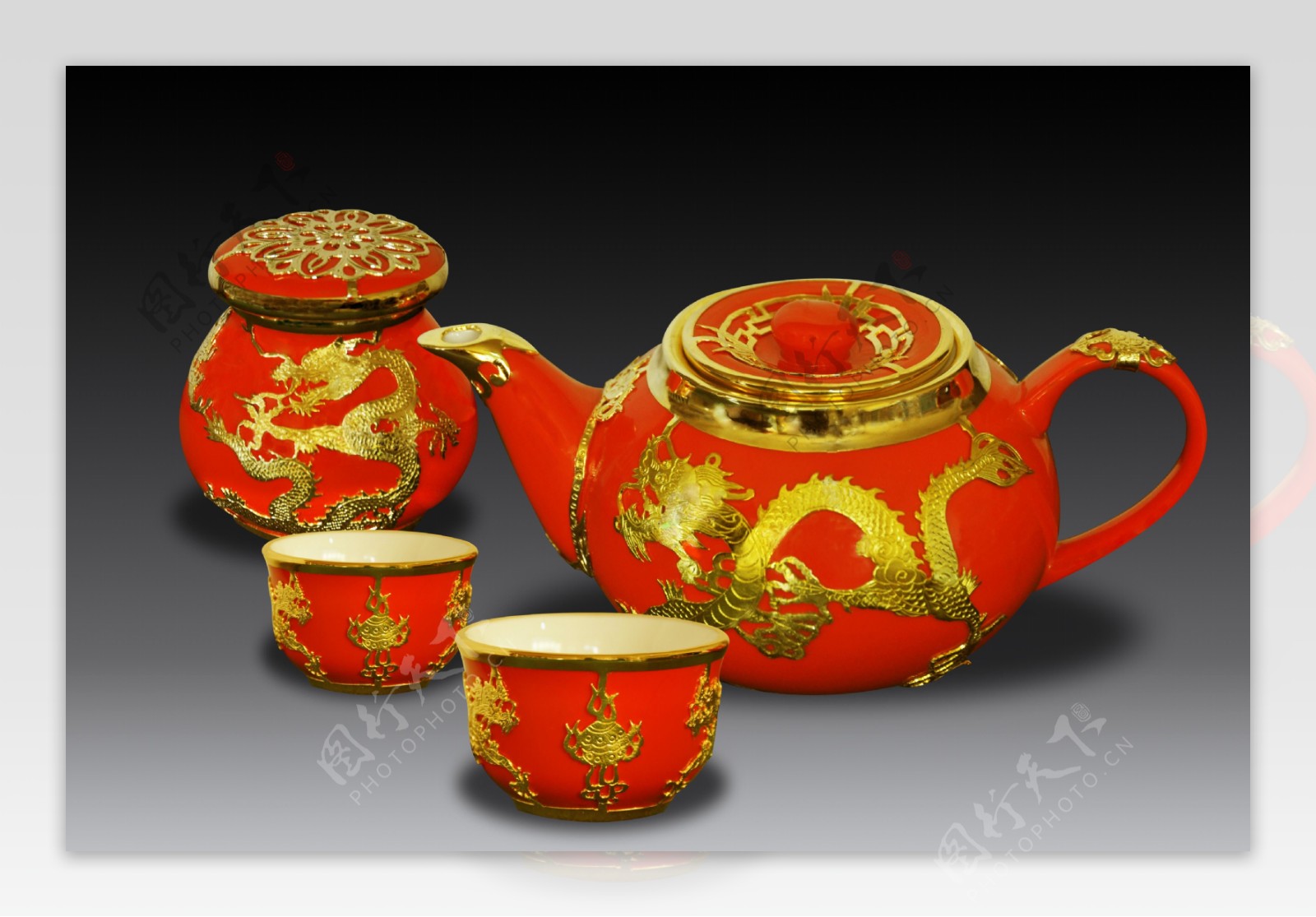 红釉金龙茶具图片