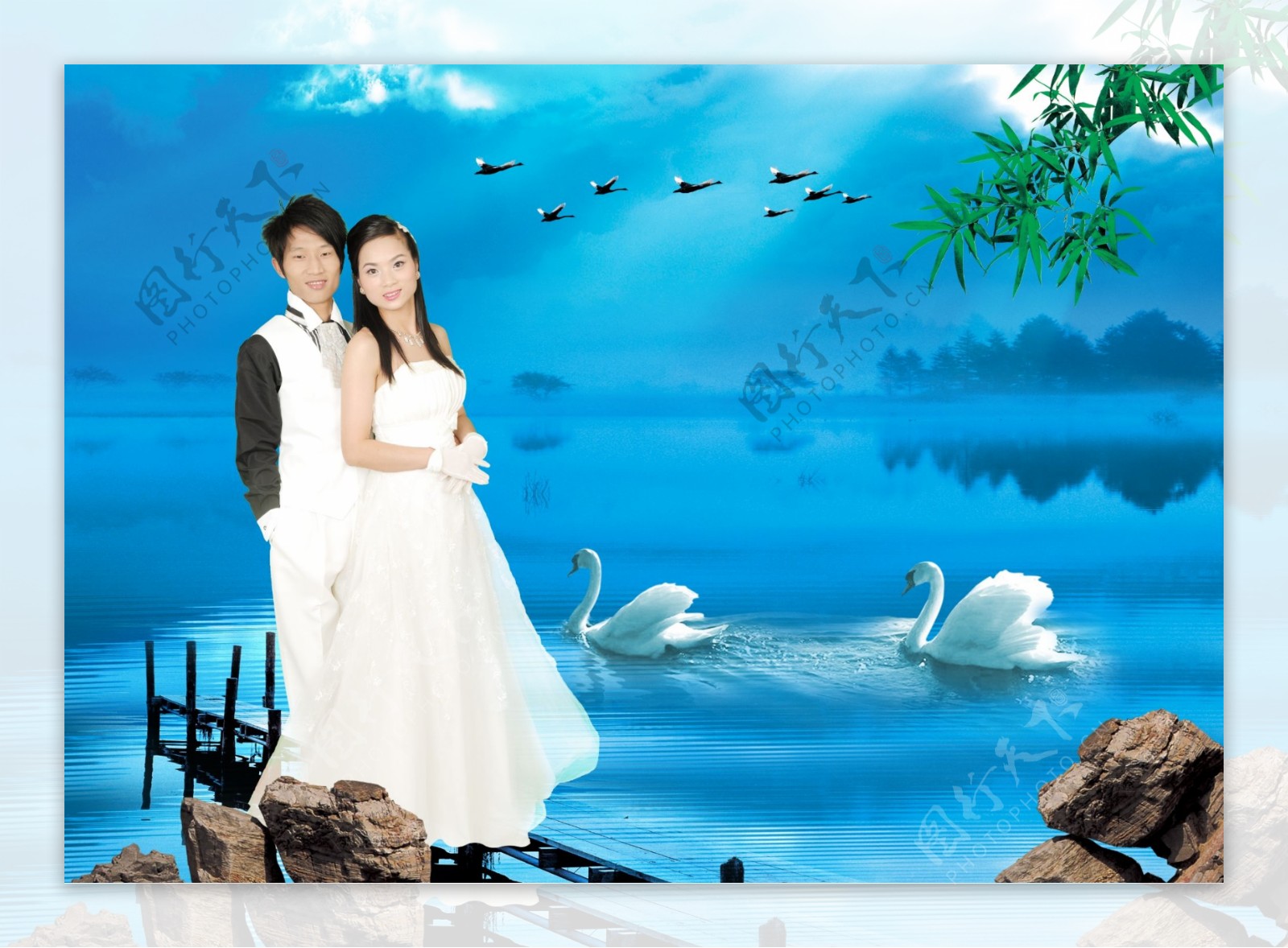 婚纱模板仙境山水画自然风景海景湖天鹅