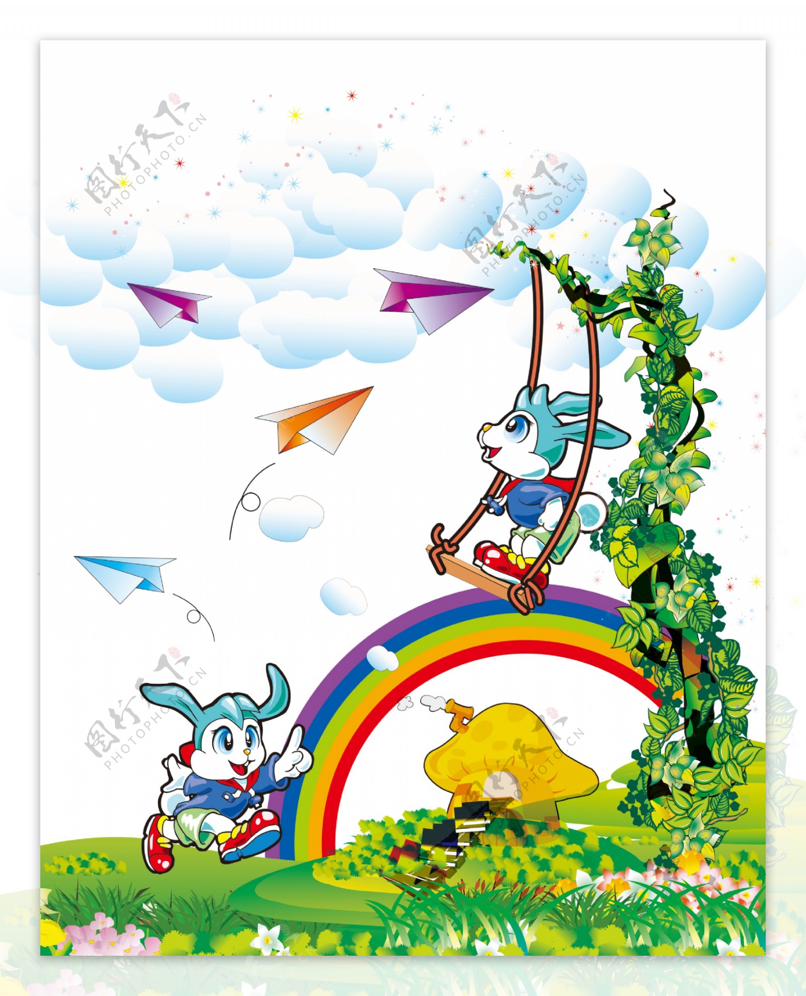 卡通小兔彩虹蘑菇纸飞机
