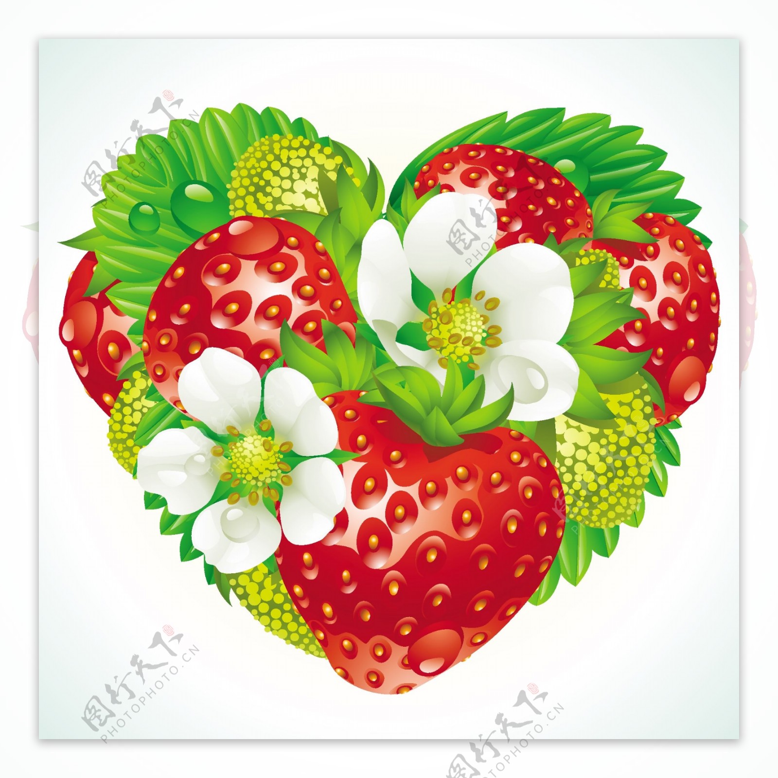 矢量鲜红草莓绿叶心形图片