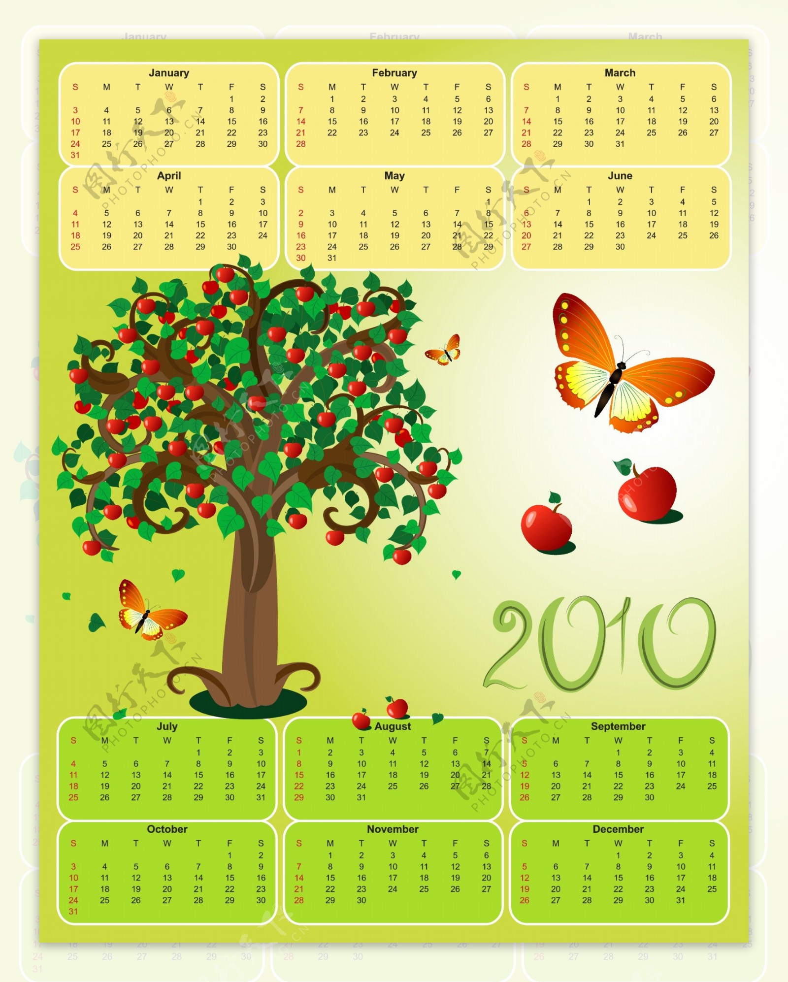 的2010日历模板矢量树母校的蝴蝶蝴蝶主题材料