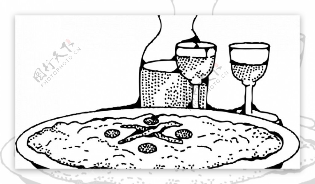 披萨饼和酒的矢量绘图