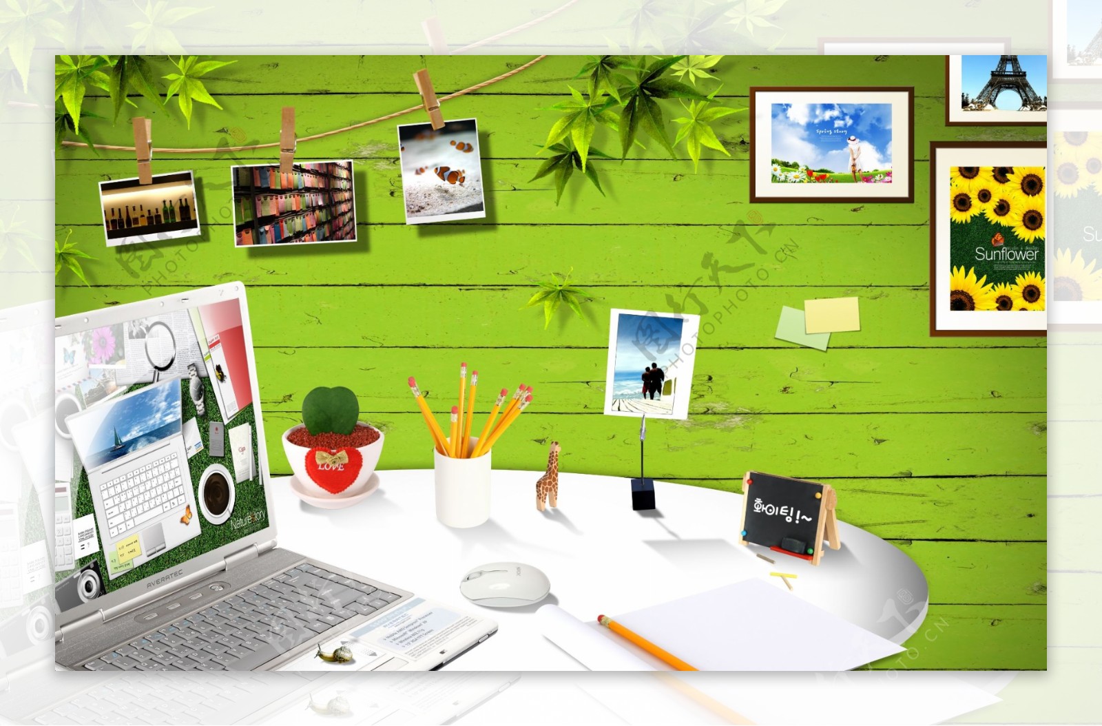 电脑树叶绿叶笔筒相框笔记本设计元素照片相片日韩盛典