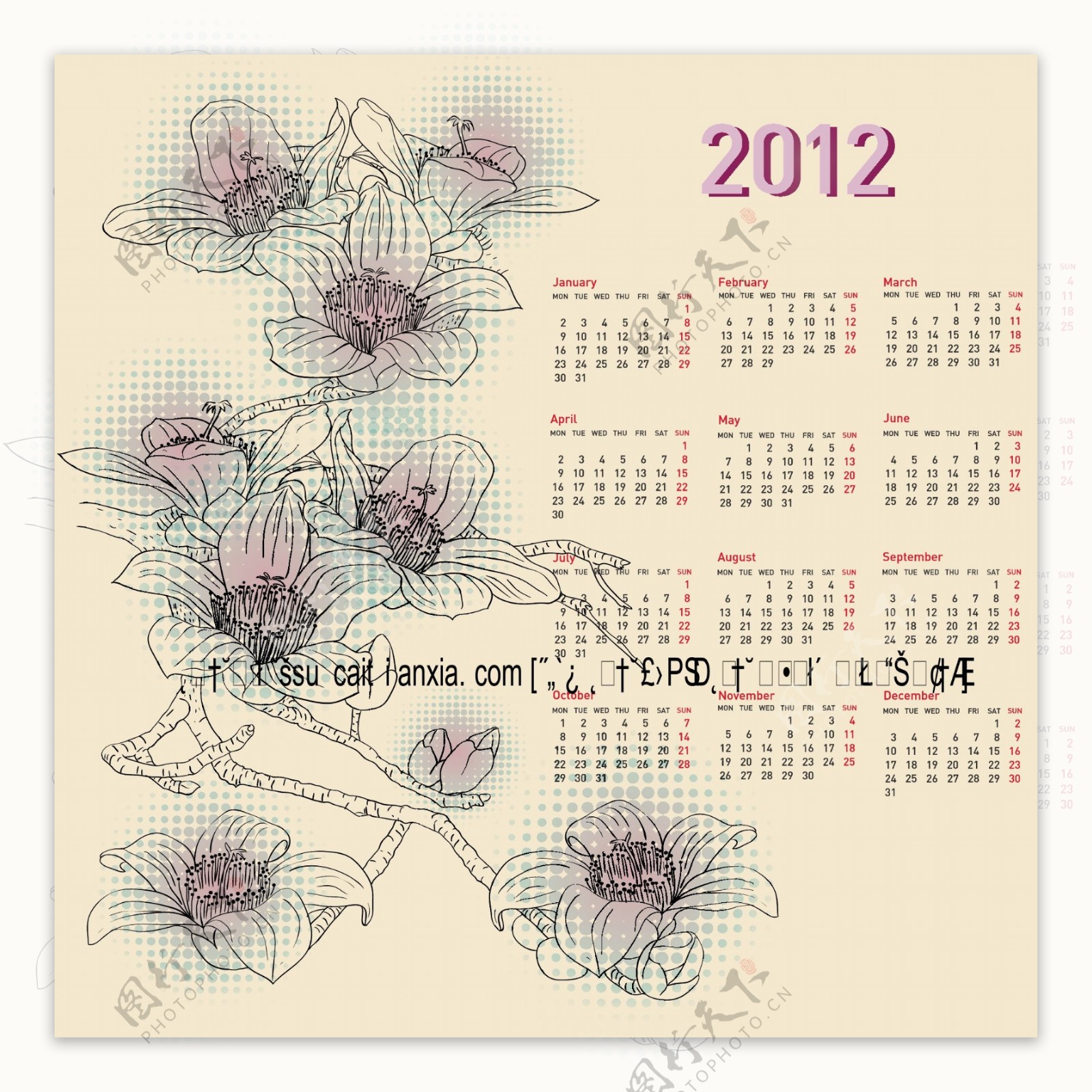 花卉线稿2012年历模板矢量素材