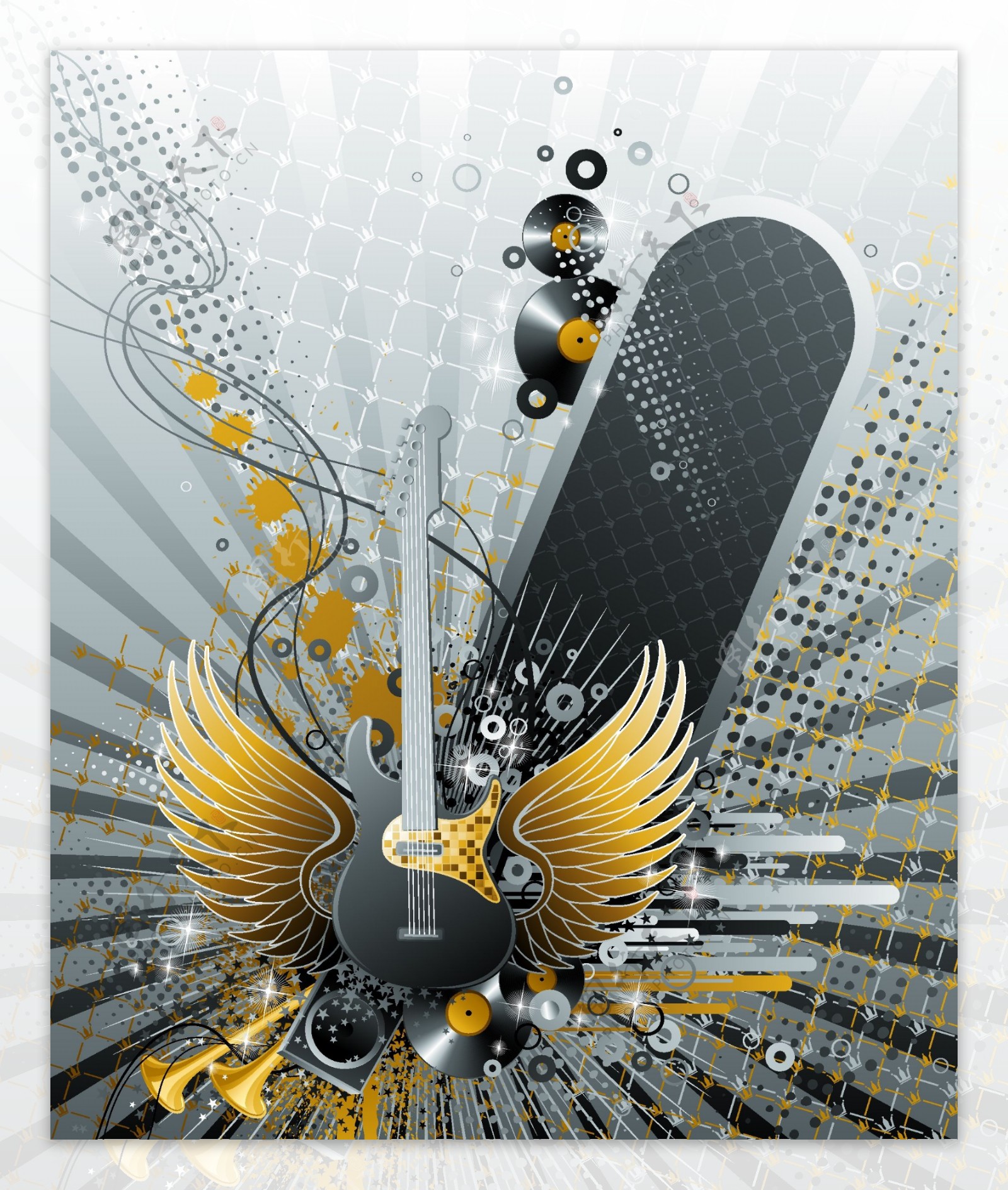 翅膀吉他主题音乐插画矢量素材图片