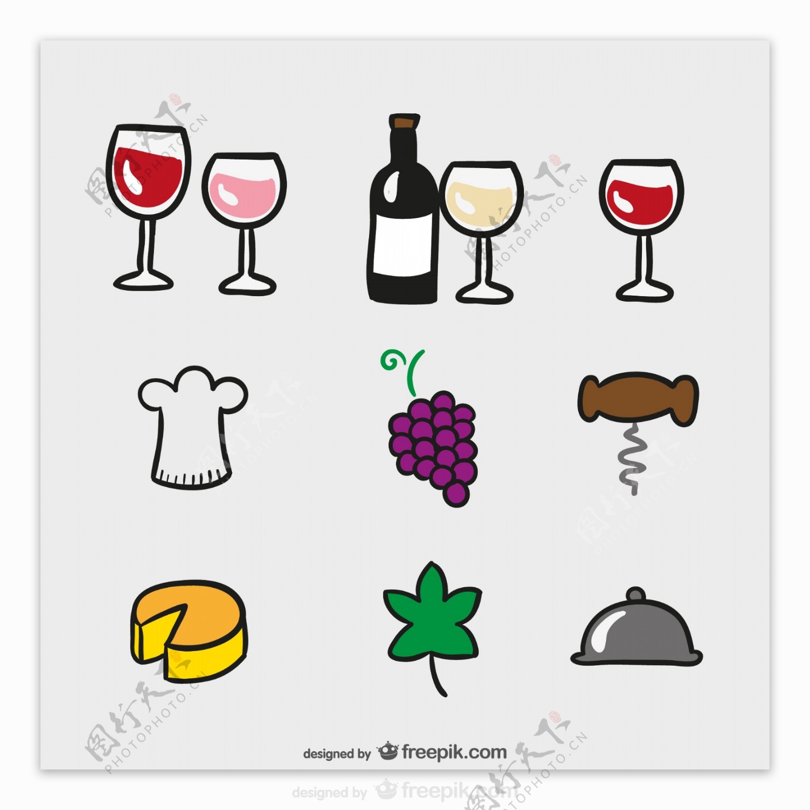 9款简笔画葡萄酒元素图标矢量素材