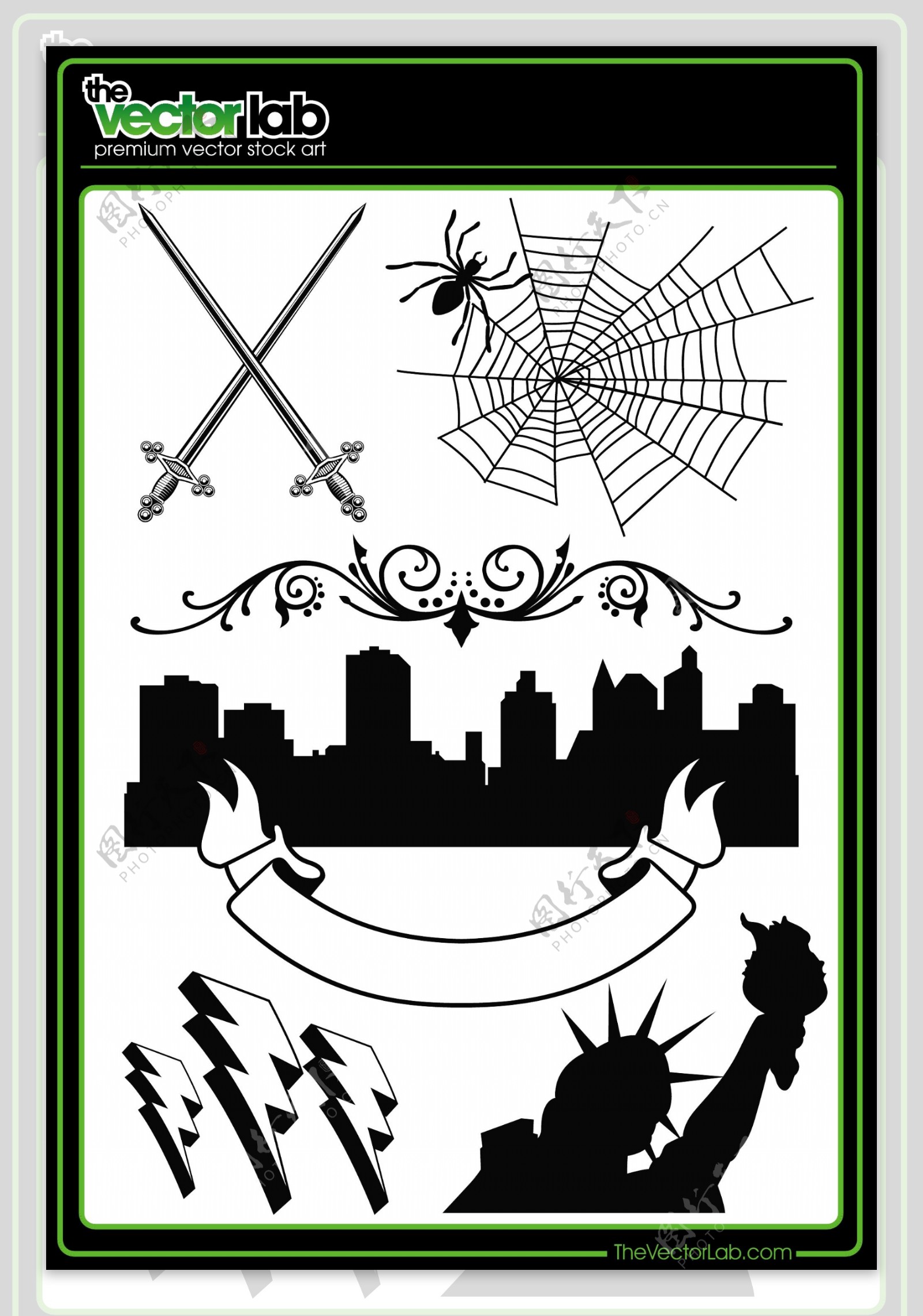 剑蜘蛛城市剪影闪电自由女神像和其他图案矢量