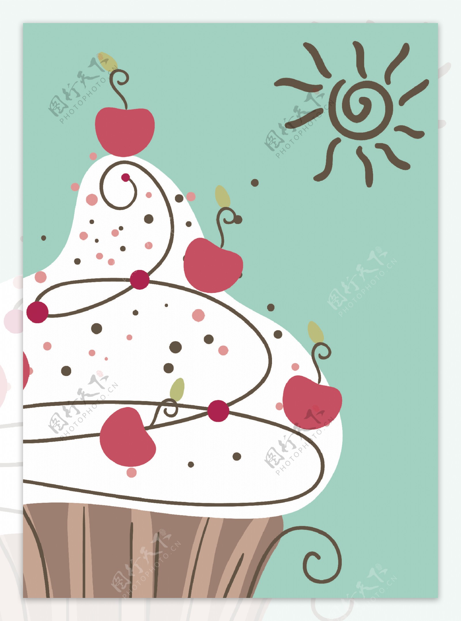 樱桃奶油蛋糕太阳简约手绘画插画