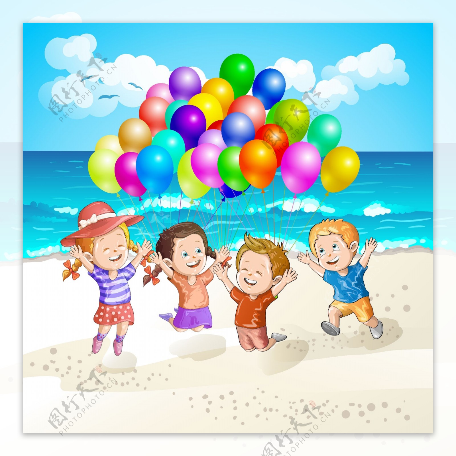 海滩玩气球的孩子