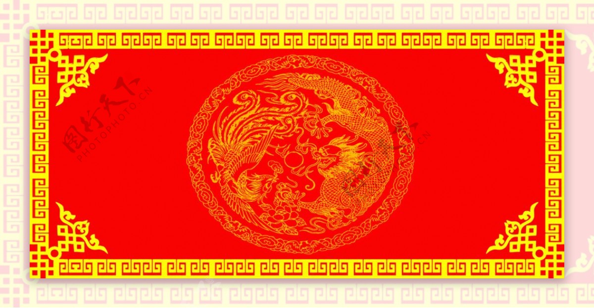 大红金色中国风边框龙凤图画布