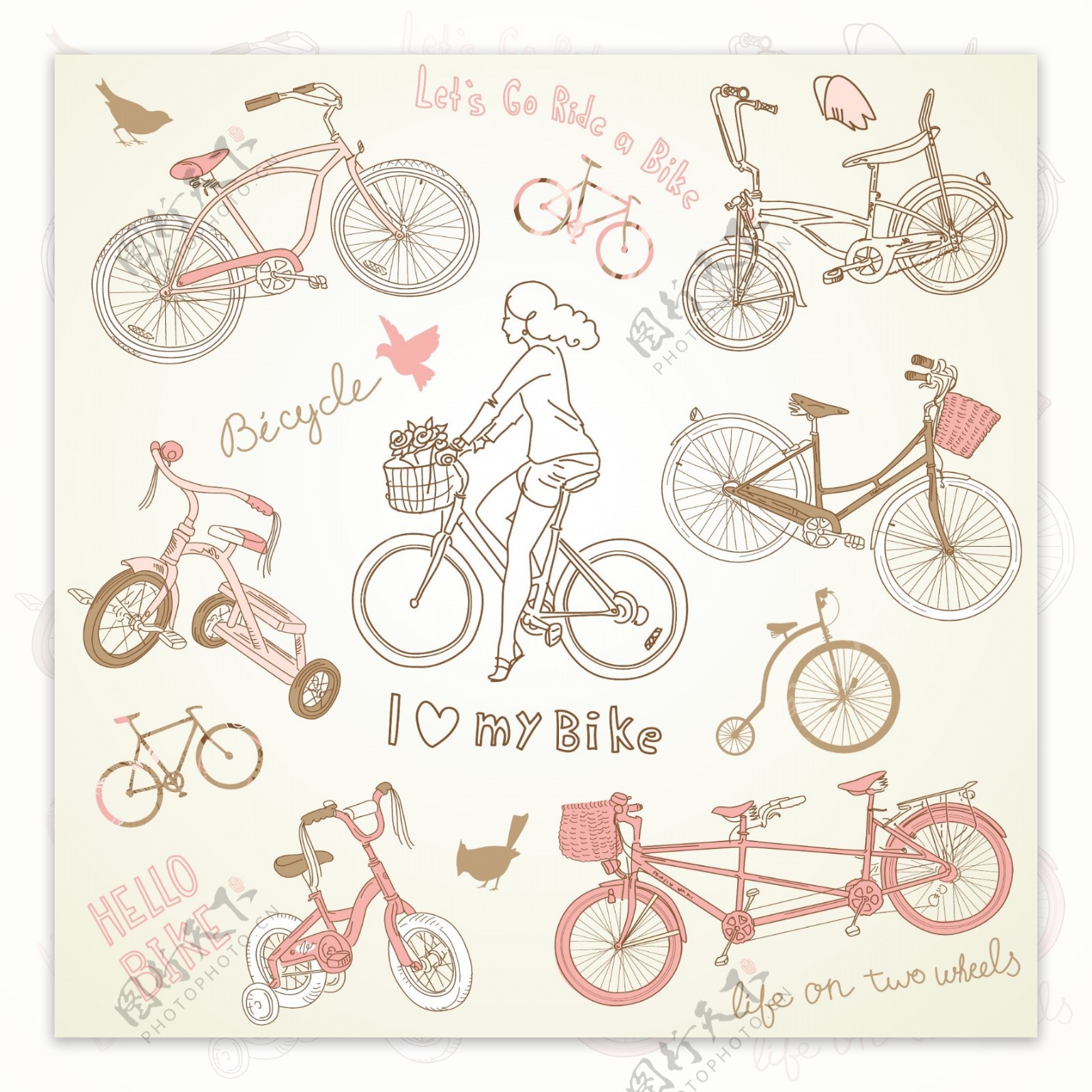 老式自行车和一个漂亮的女孩骑自行车