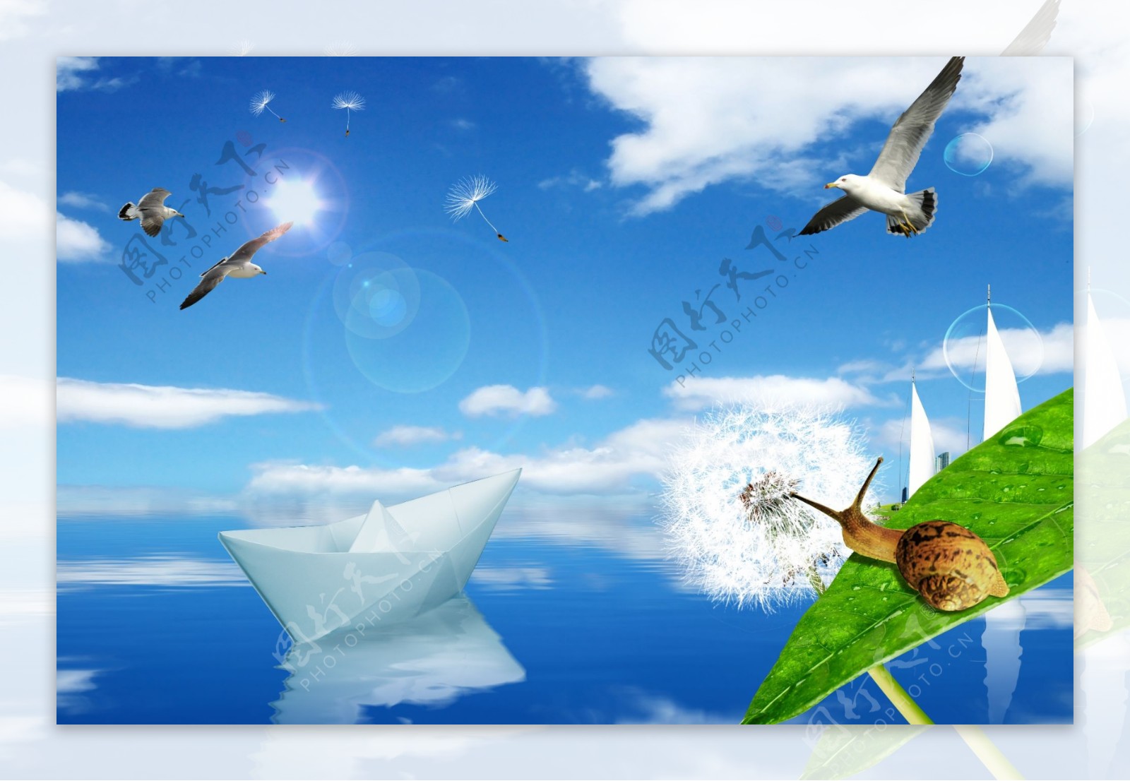 创意图风景蓝天白云船鹭蜗牛树叶大海
