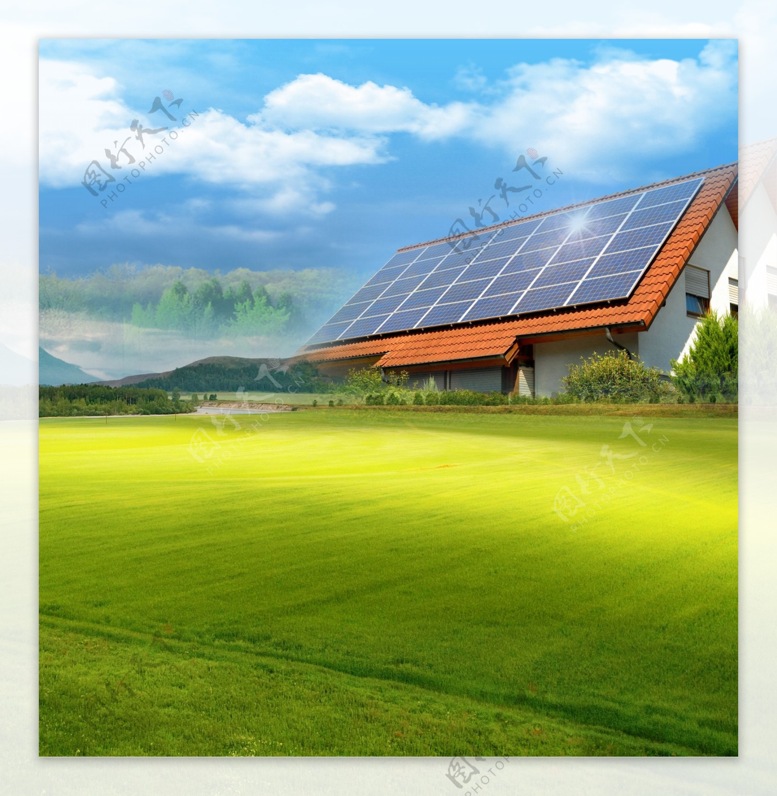 草地蓝天太阳能板新能源房子