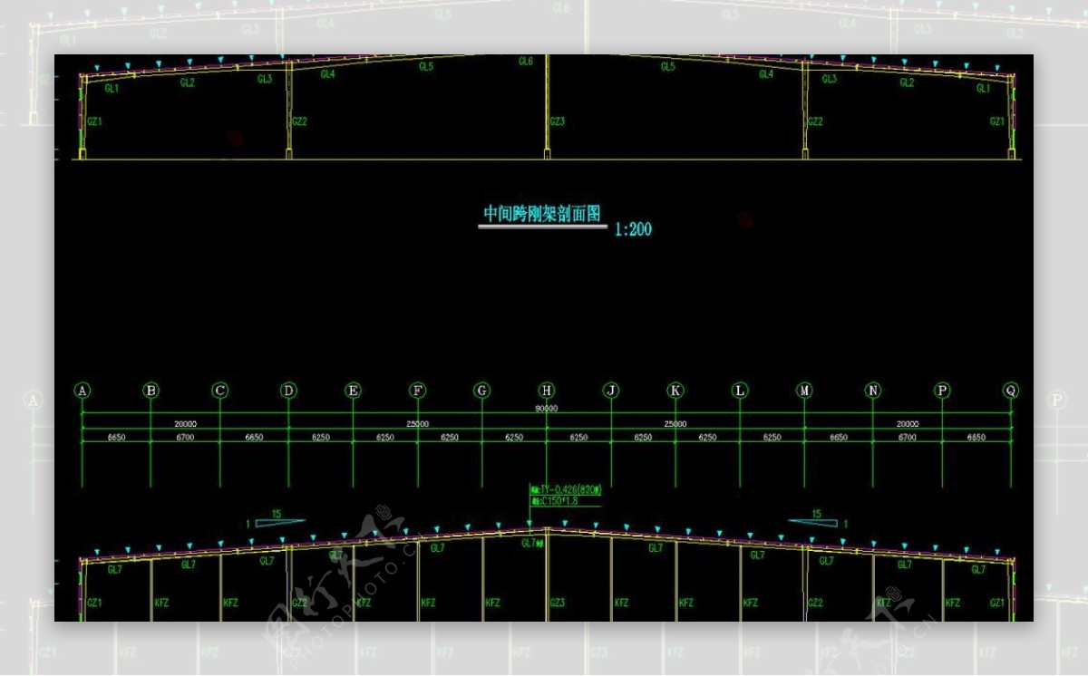 23090米钢构厂房中间跨边跨刚架剖面图图片