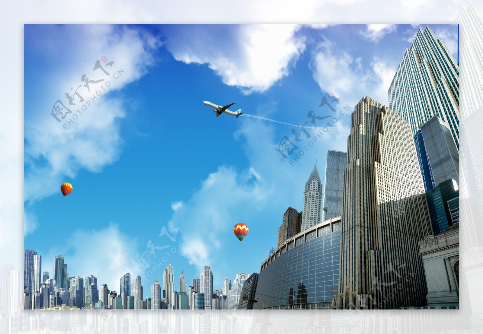 现代城市蓝天白云氢气球金融中心飞机