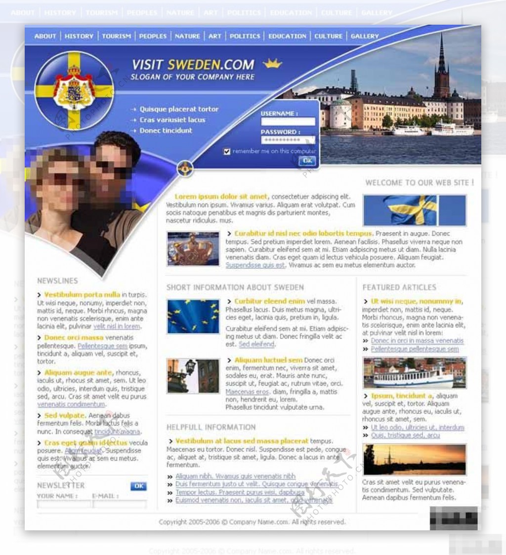 蓝色瑞典旅游介绍网站模板