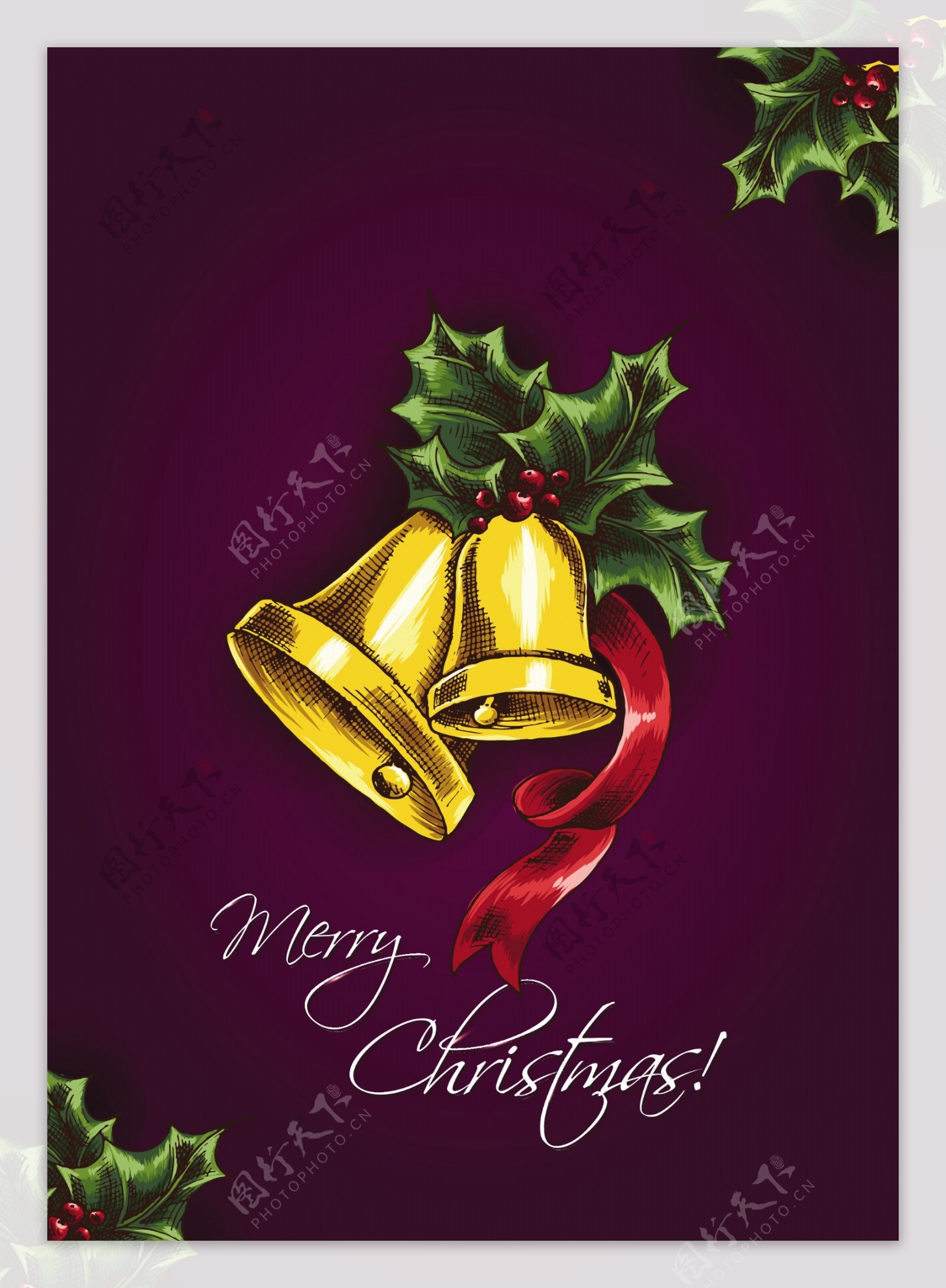 圣诞节插画矢量铃铛和冬青浆果
