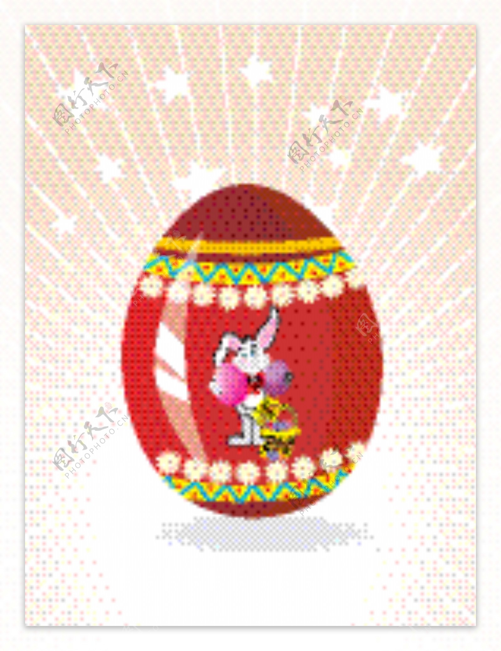 红蛋背景的兔子拿两个鸡蛋