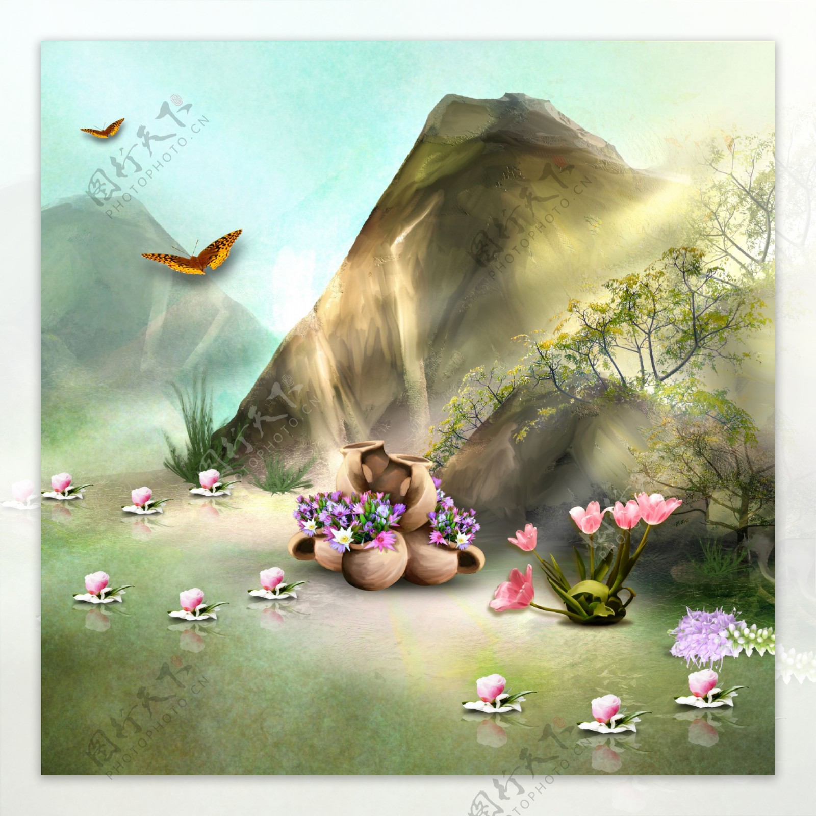 山丘花朵陶罐蝴蝶相框背景图片